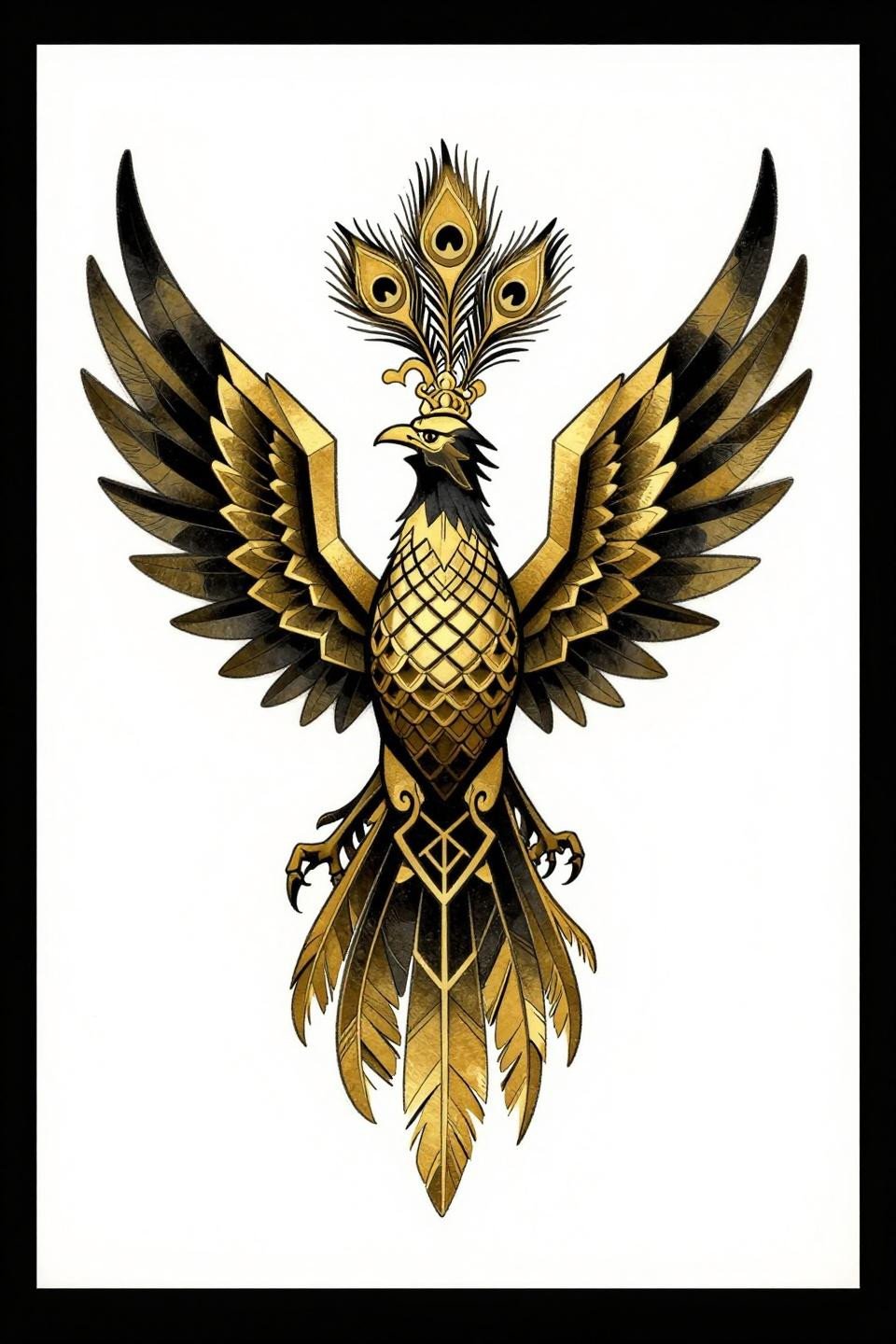 back tattoo women ideas art deco phoenix flash, angular geometric faceted feather planes, tessellated scale torso pattern, compass-drafted geometry flat fills burnished gold solid black ink bilateral symmetry