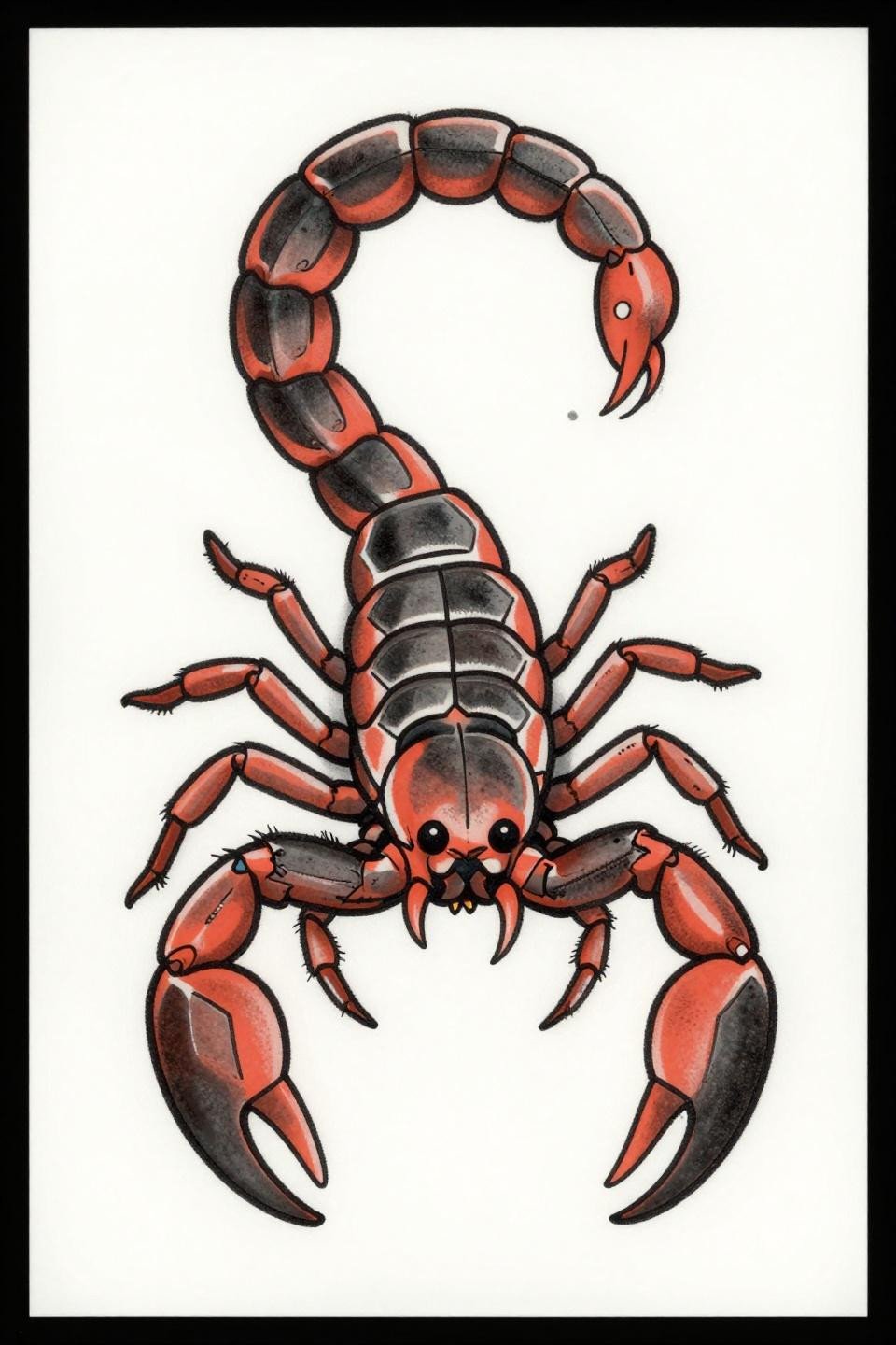spine tats ignorant style scorpion flash, aggressive forward pose, crude bold 3-4pt outlines flat coral charcoal fills, raw uneven linework centered bilateral