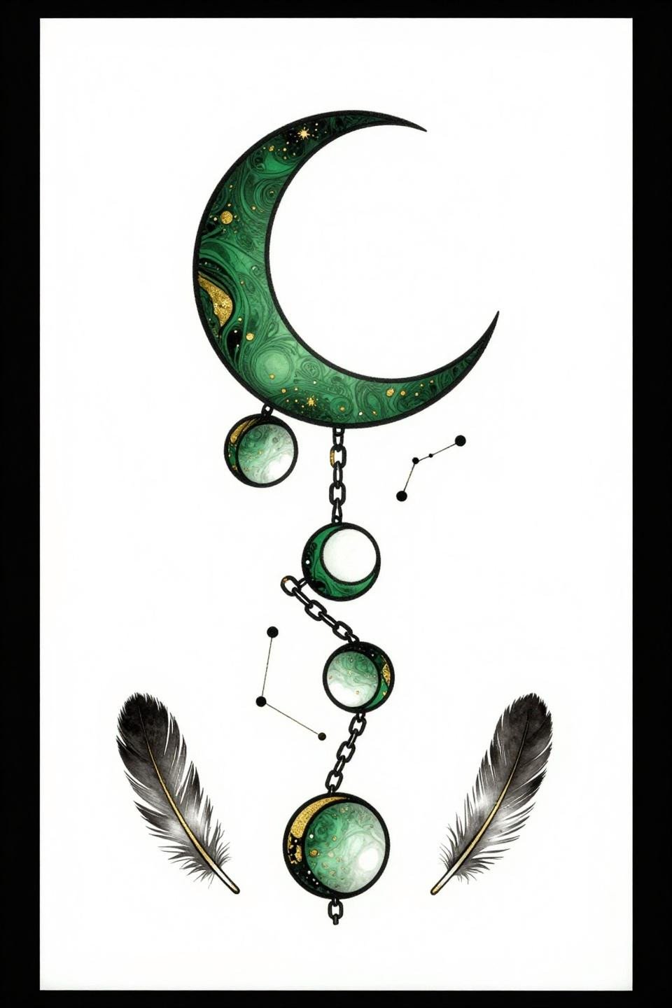 back tattoo women spine art nouveau moon stack flash, graduating crescent sizes vertical axis, chain linework constellation nodes, bold outlines forest green gold fills