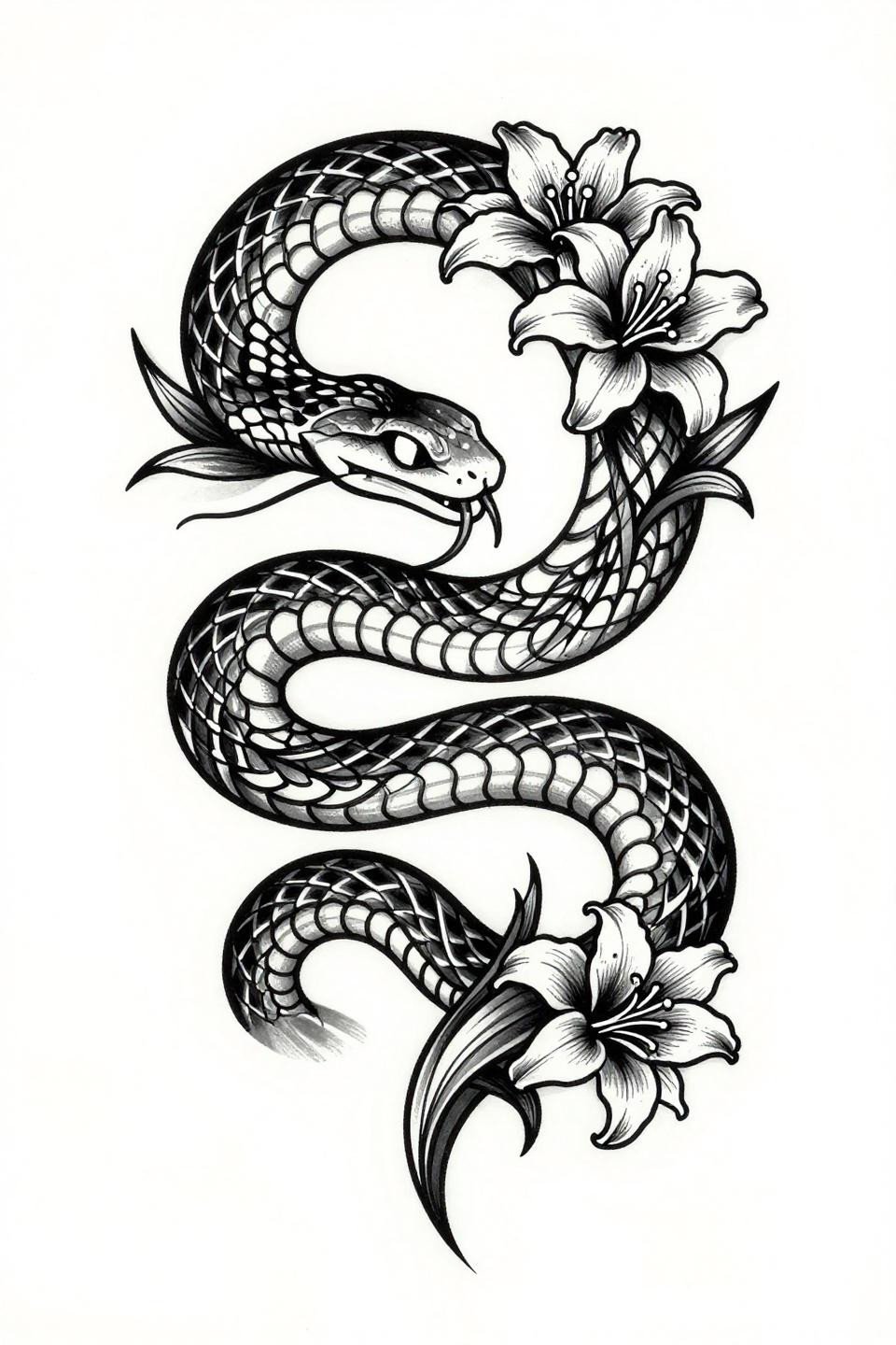 back tattoos for women unique art nouveau serpent flash, S-curve sinuous coil botanical tendrils, crowned head lily blossom frame, bold 2-3pt outlines flat fills dense black ink no grey wash vertical organic flow
