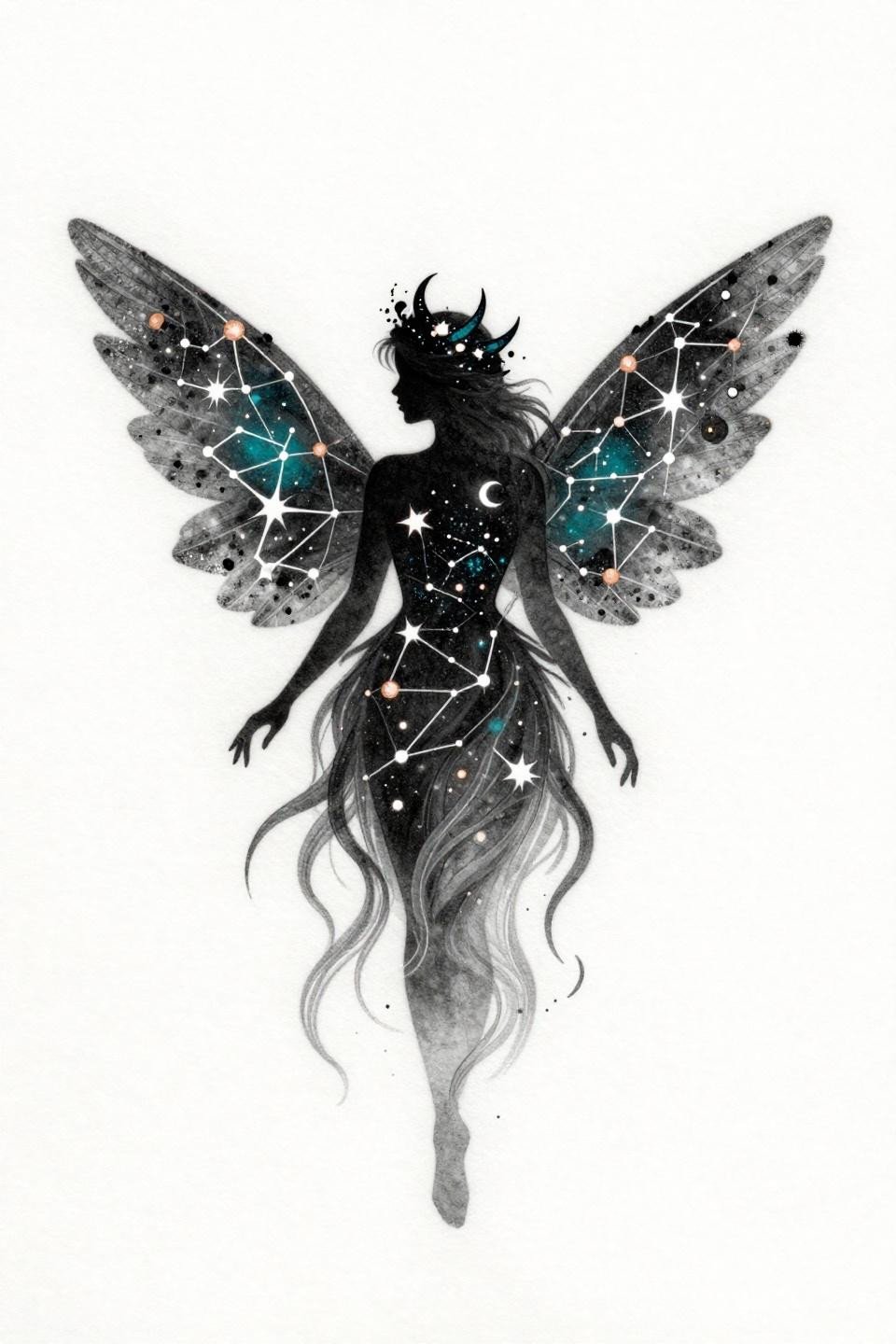 ethereal tattoos surrealist celestial fairy flash, constellation line wings, comet trail hair, grey wash dilution no solid black fields, deep teal copper metallic accent asymmetric vertical