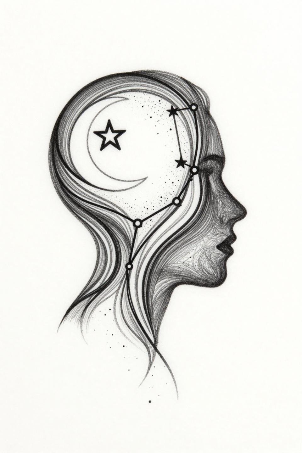 ethereal tattoos single continuous line celestial constellation profile flash, unbroken hairline Polaris to Southern Cross, crescent moon crown, 0.5mm single-needle open negative space no fills asymmetric vertical