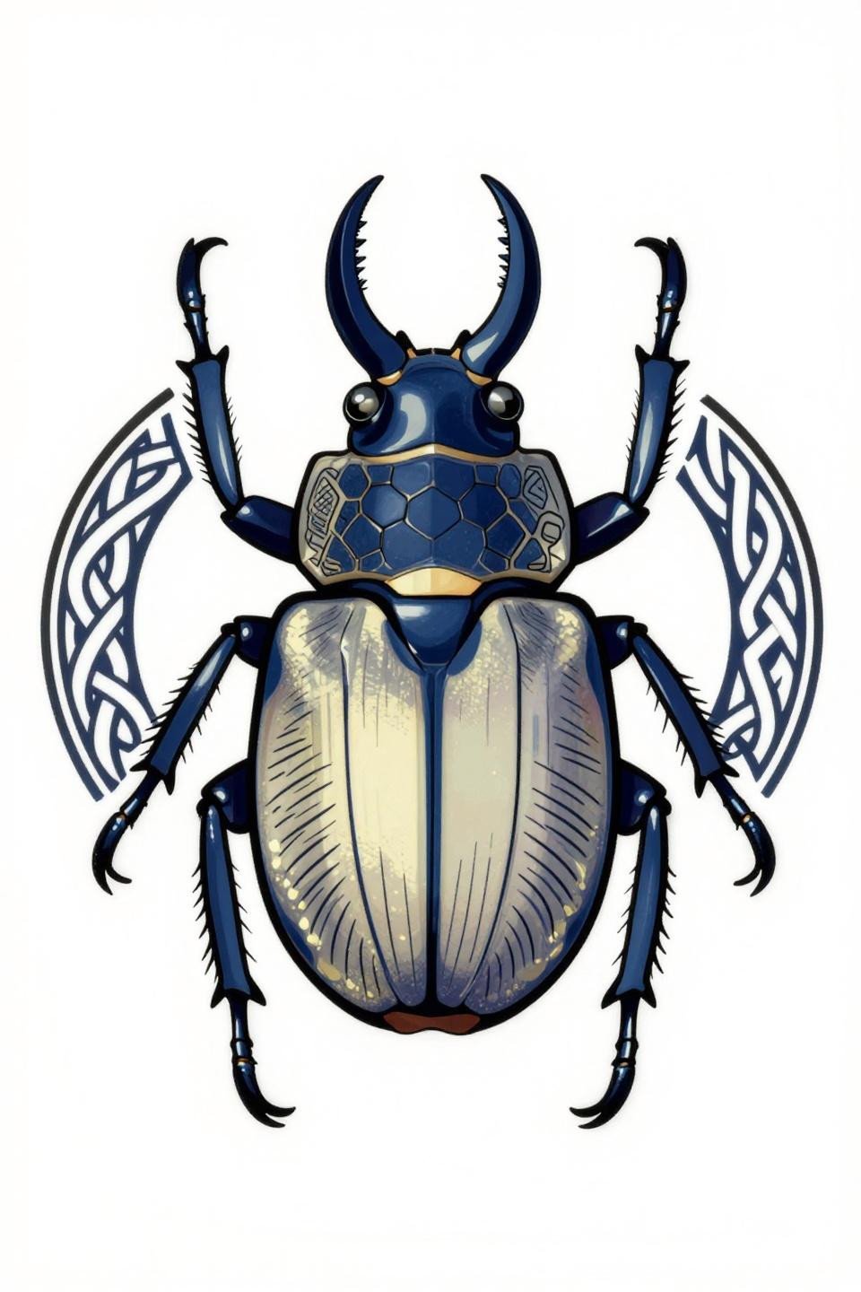 back tattoo women ideas celtic knotwork stag beetle flash, hexagonal thorax armor plating, circular mandala composition interlocking knotwork border, bold outlines navy blue cream fills