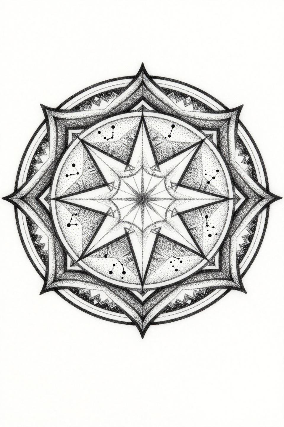 pretty back tattoos for women blackwork dotwork celestial mandala flash, nested concentric circles 8-pointed starburst, stipple dot constellation, dense core to open outer field density mapping grey wash midtones