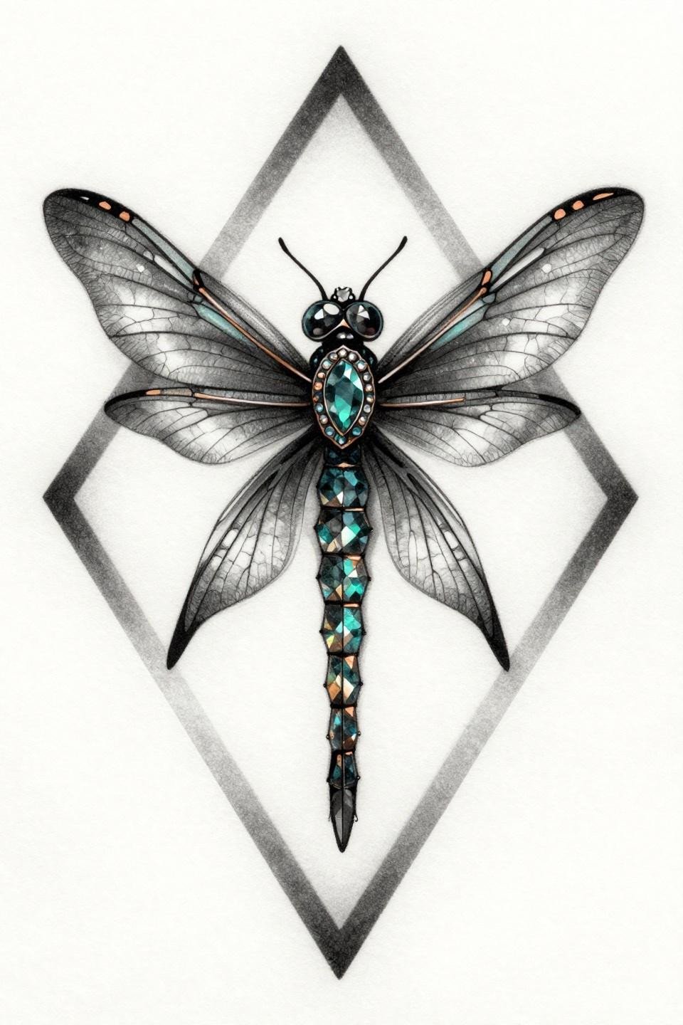 pretty back tattoos for women Chicano grey wash dragonfly flash, soft volumetric shading no solid black fields, deep teal copper metallic accent, diamond geometric border bilateral symmetry