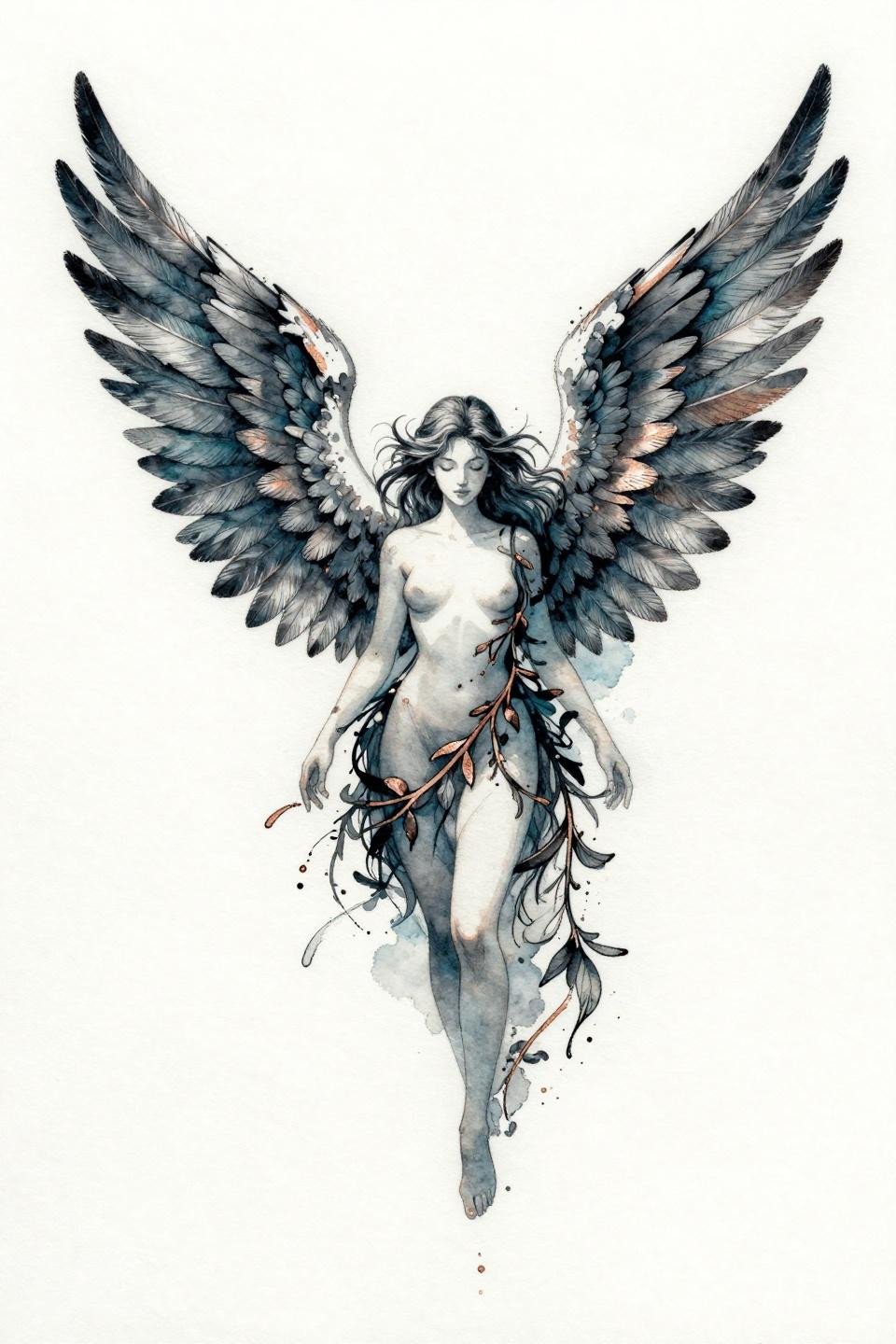 back tattoo women spine watercolor winged ethereal figure flash, feather wings full vertical, calligraphic brush ink marks watercolor bleed, deep teal copper metallic accent asymmetric composition