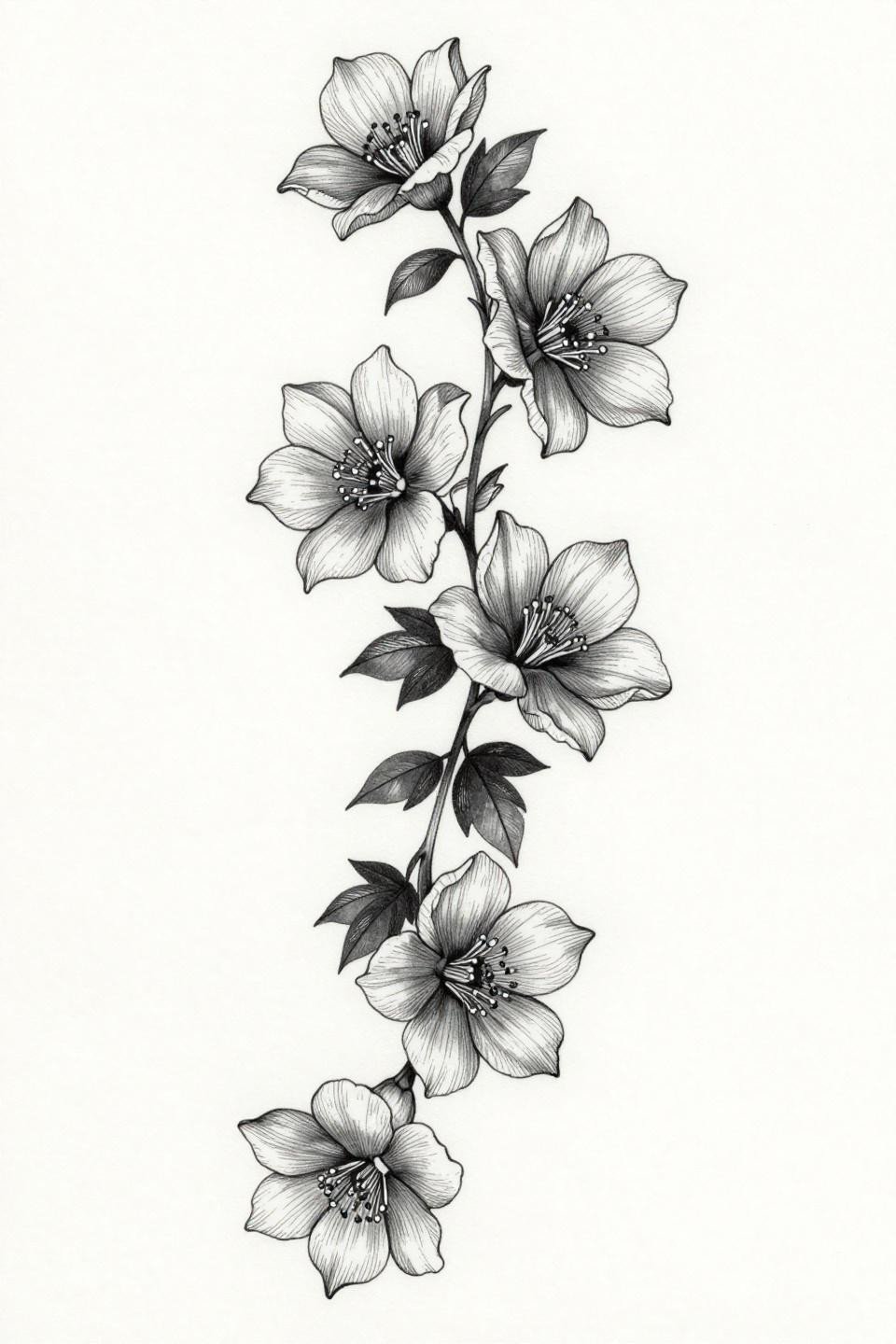 elegant back tattoos fine line minimal descending flowering vine flash, asymmetric petal clusters, hairline 0.5mm single-needle strokes, botanical veining open negative space no solid fills