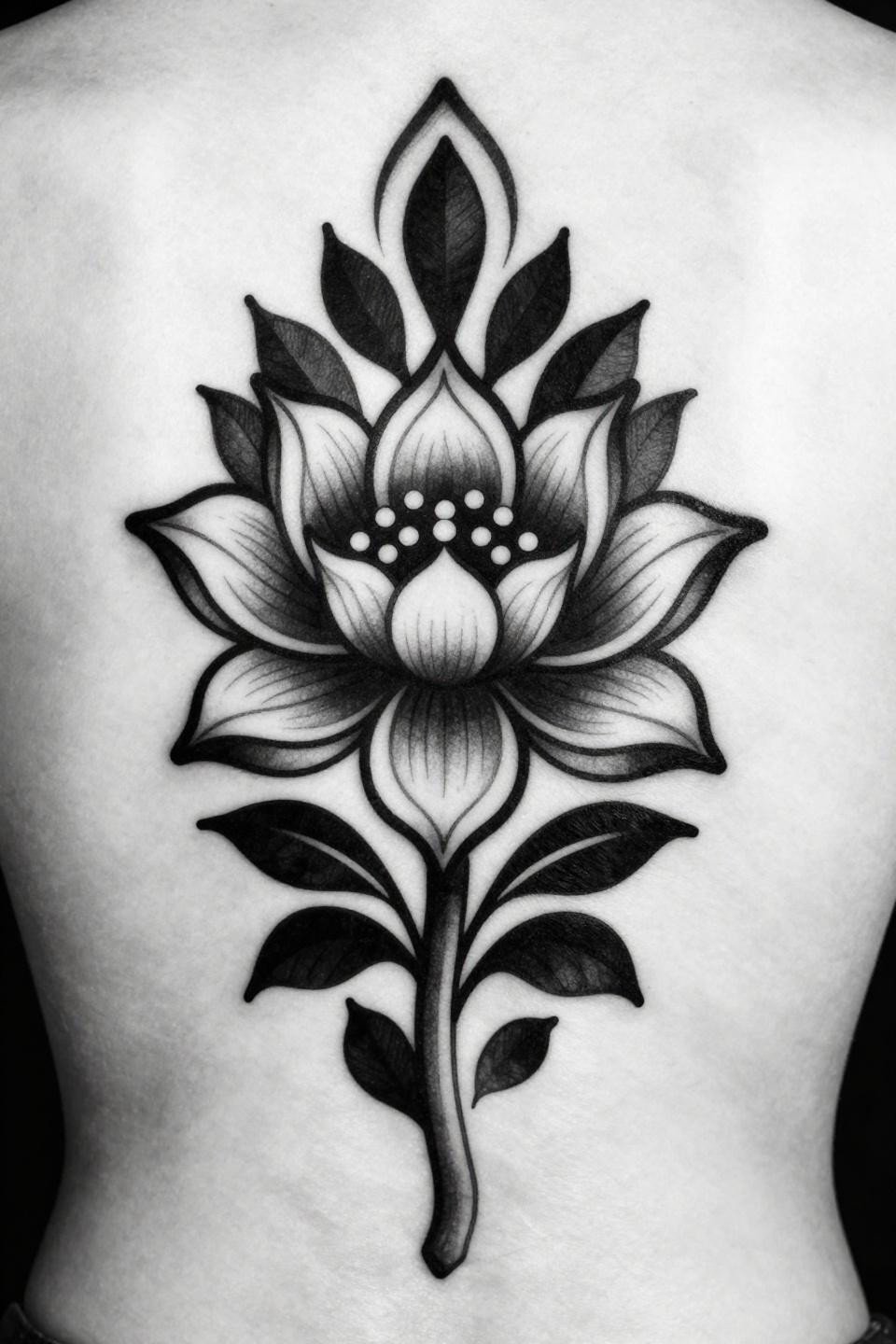 women's back tattoos tribal geometric lotus flash, bilateral symmetry vertical axis, bold 2-3pt outlines solid black fills high-contrast graphic masses, no grey wash dense black ink