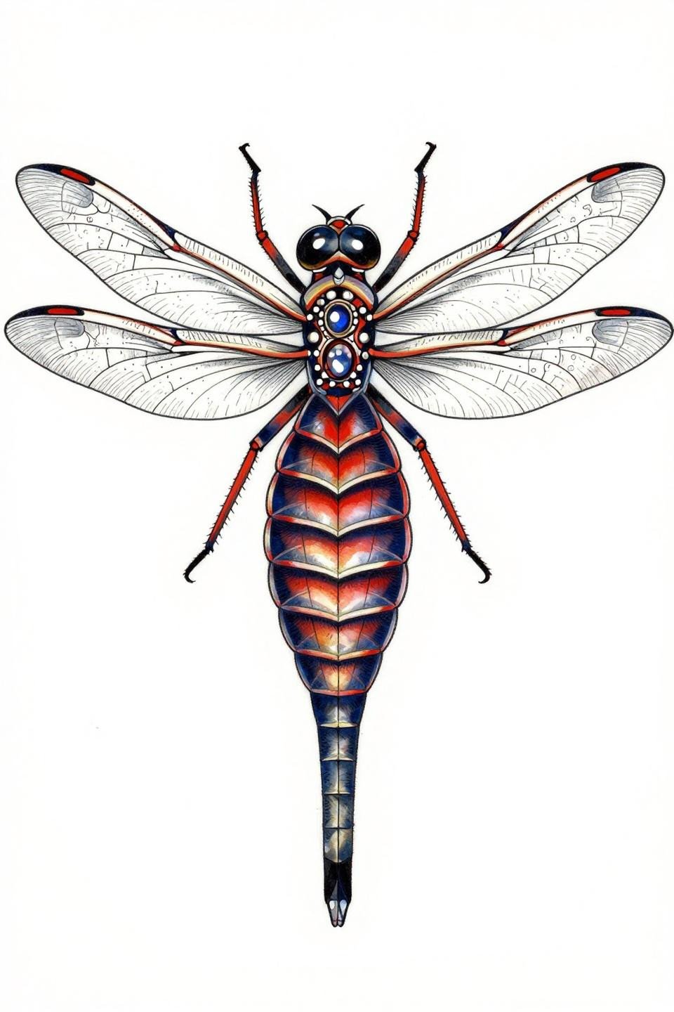 spine tats Japanese irezumi dragonfly flash, parallel engraved vein mapping transparent wings, deep indigo crimson fills, jeweled thorax geometric rings, centered vertical composition ruled strokes