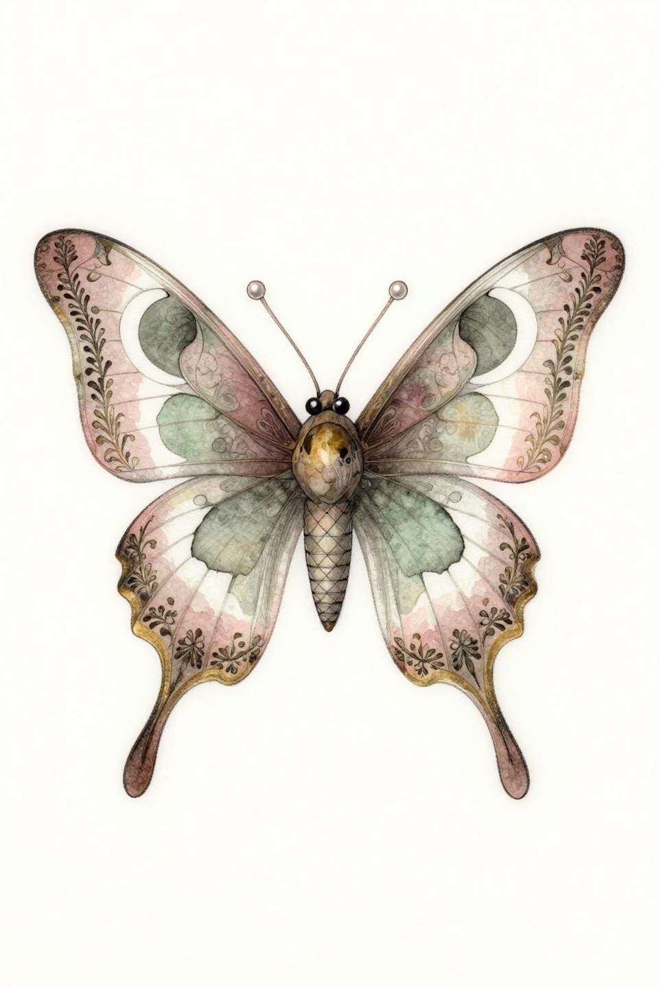 elegant back tattoos for women neo-traditional moth flash, crescent moon negative space wing cutouts, geometric diamond lattice thorax, whip shading dusty rose sage green pale gold fills fine outline weight