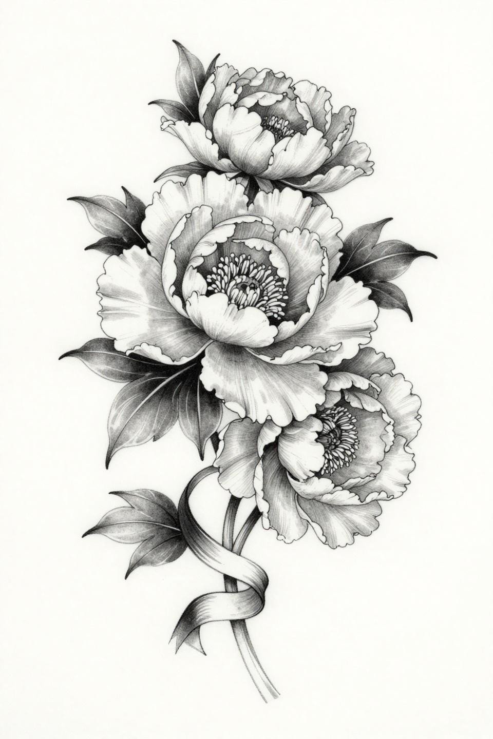 women's back tattoos botanical scientific peony flash, layered petals asymmetric unfurl, ribbon weaving through stem, hairline 0.5mm single-needle strokes weight variation petal edges grey wash midtones open negative space