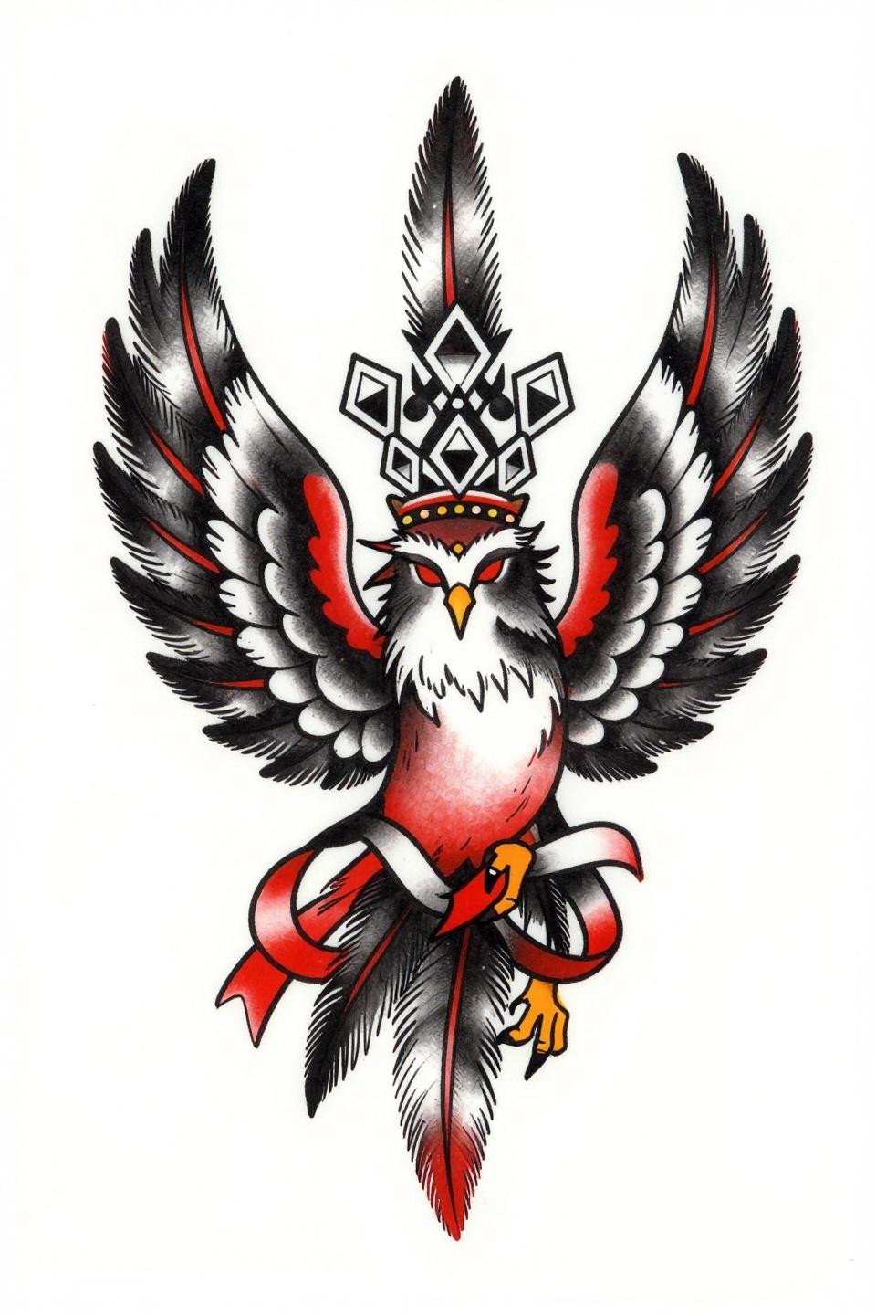 elegant back tattoos for women traditional American phoenix flash, stacked vertical composition layered feather cascade, bold 2-3pt outlines flat crimson red solid black fills