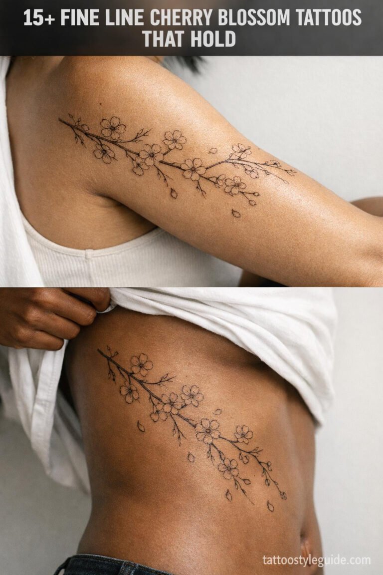 Fine line cherry blossom tattoo on shoulder and forearm with 0.5mm hairline strokes, delicate petals, medium olive and deep brown skin tones