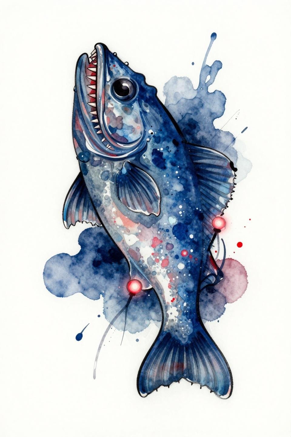 Anglerfish spiritual fish tattoo watercolor splash style flash, calligraphic brush marks, indigo watercolor blooms with crimson bioluminescent accents, wet ink quality