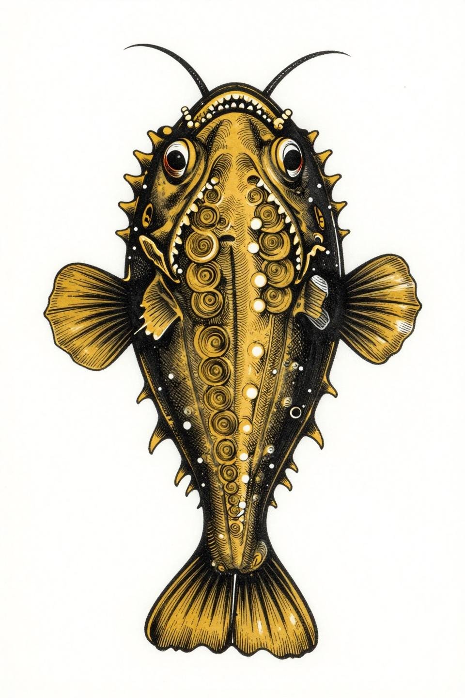 Anglerfish elbow tattoo woodcut etching style flash, bilateral symmetry, parallel line engraving with crosshatch shading, gold ink on solid black fields