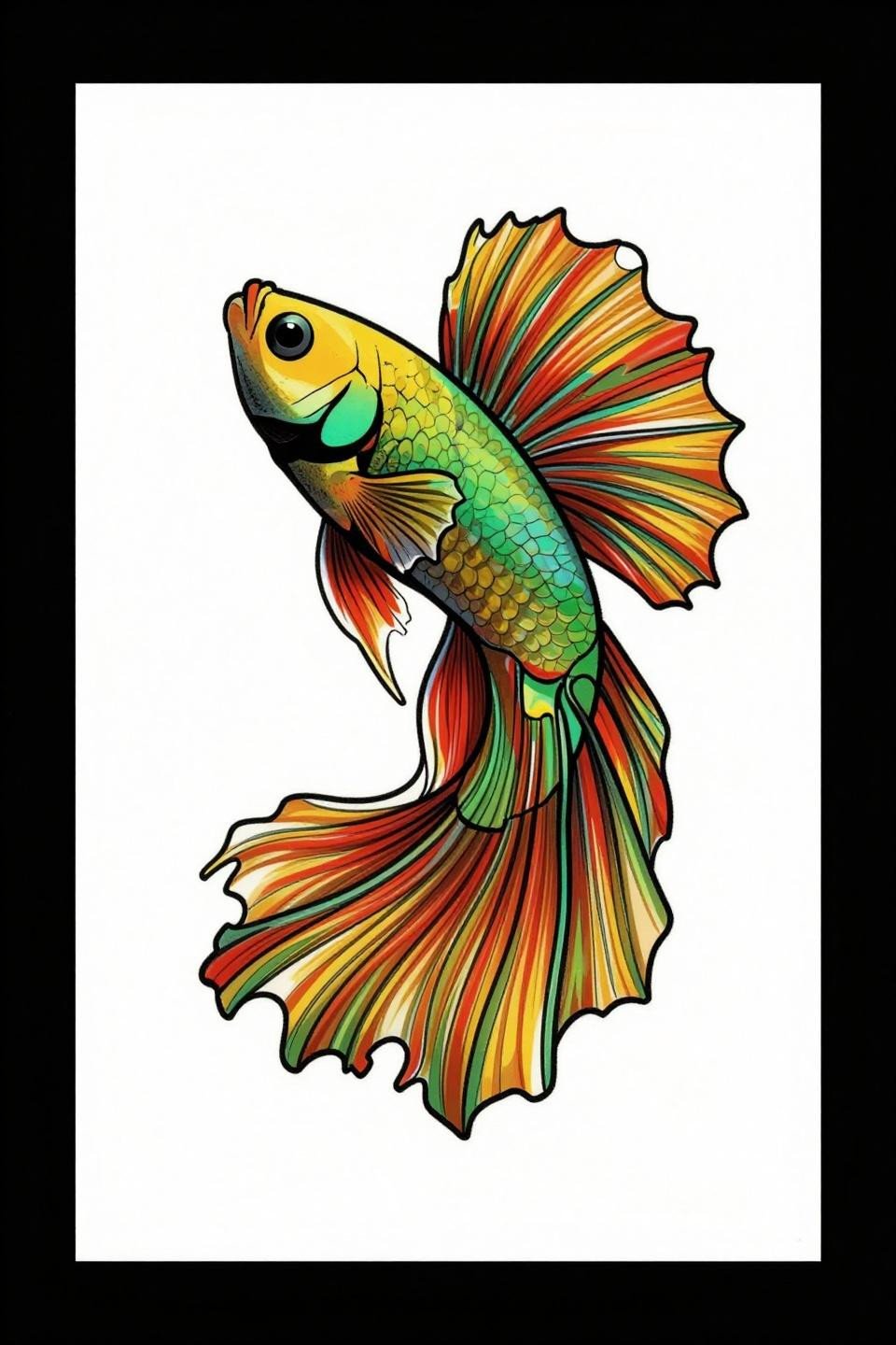 Betta fish earthy tattoo flash, single continuous line style, elaborate fins as unbroken stroke, cadmium red forest green and golden yellow fills, bold black outline