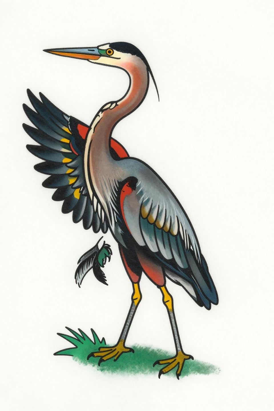 Great blue heron bird tattoo American traditional flash, mid-strike hunting pose, bold 2-3pt outlines, flat cadmium red golden yellow and forest green fills