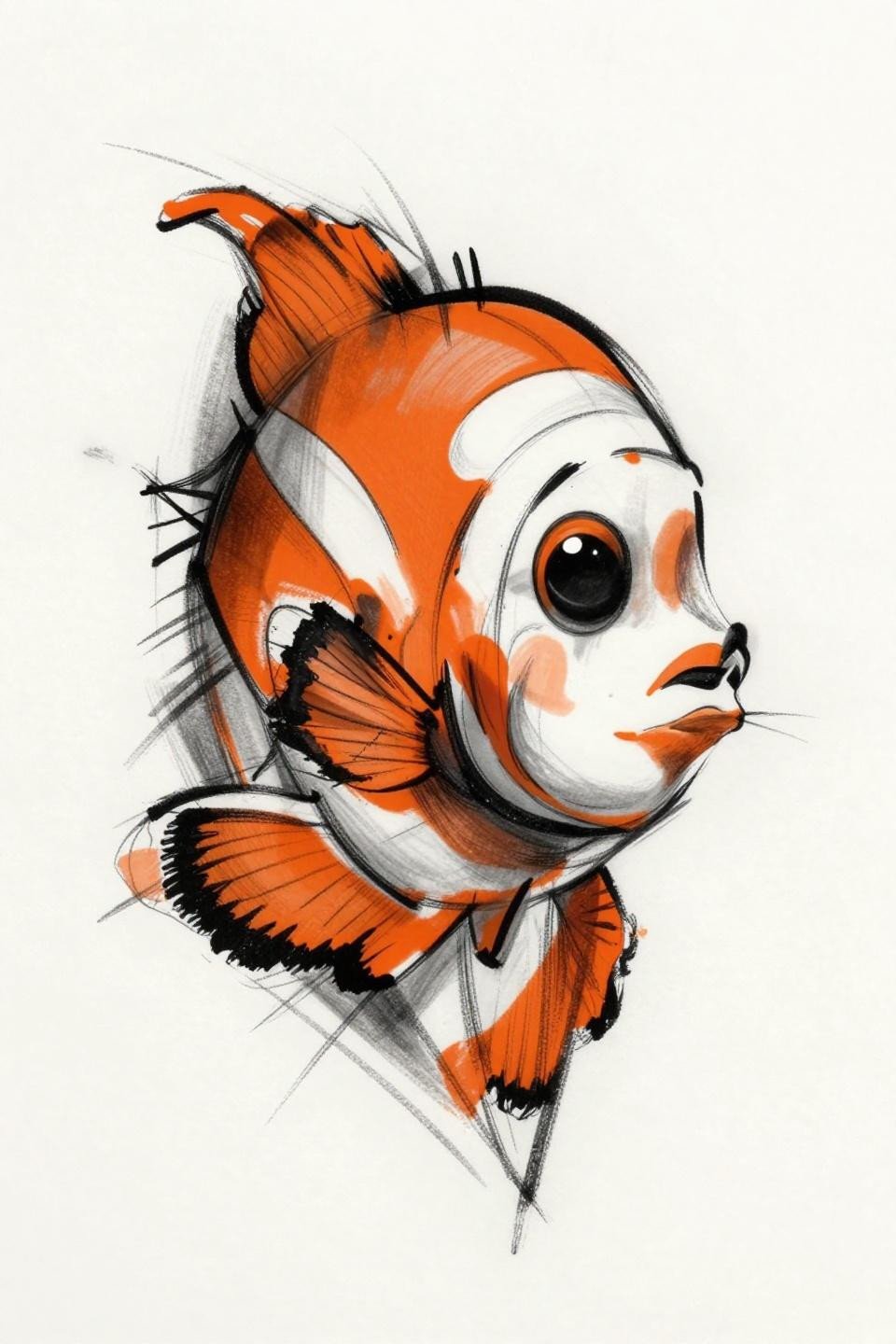 Clownfish earthy tattoo flash, sketch raw style, loose gestural linework, rough 2pt black outlines, flat burnt orange and black fills, visible sketch energy