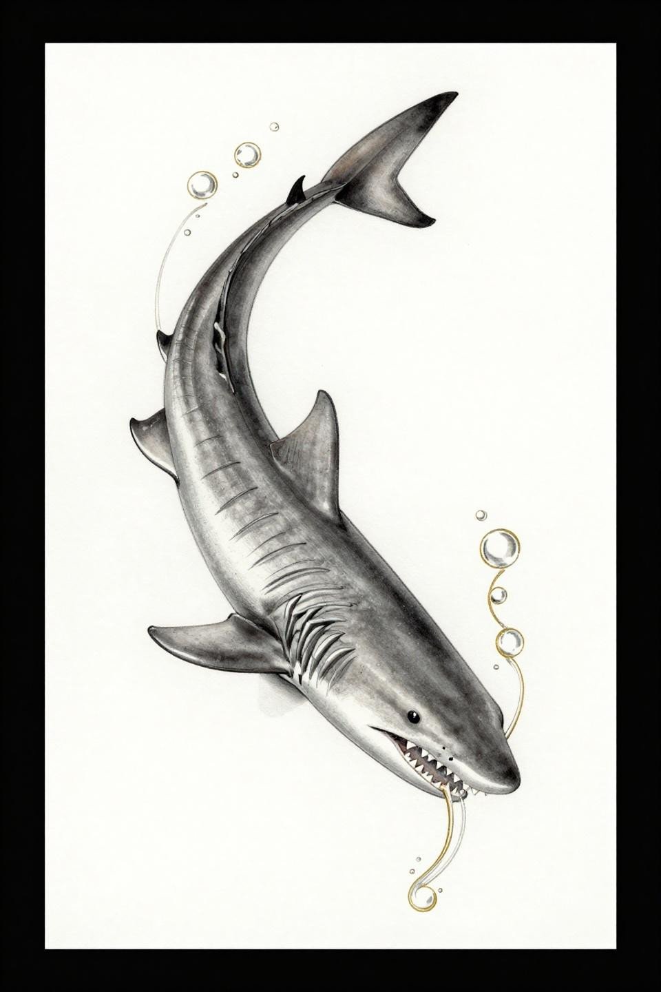 Gulper shark ocean tattoo flash, botanical scientific style, grey wash dilution dense to open, fine 0.5mm linework, forest green and gold ink