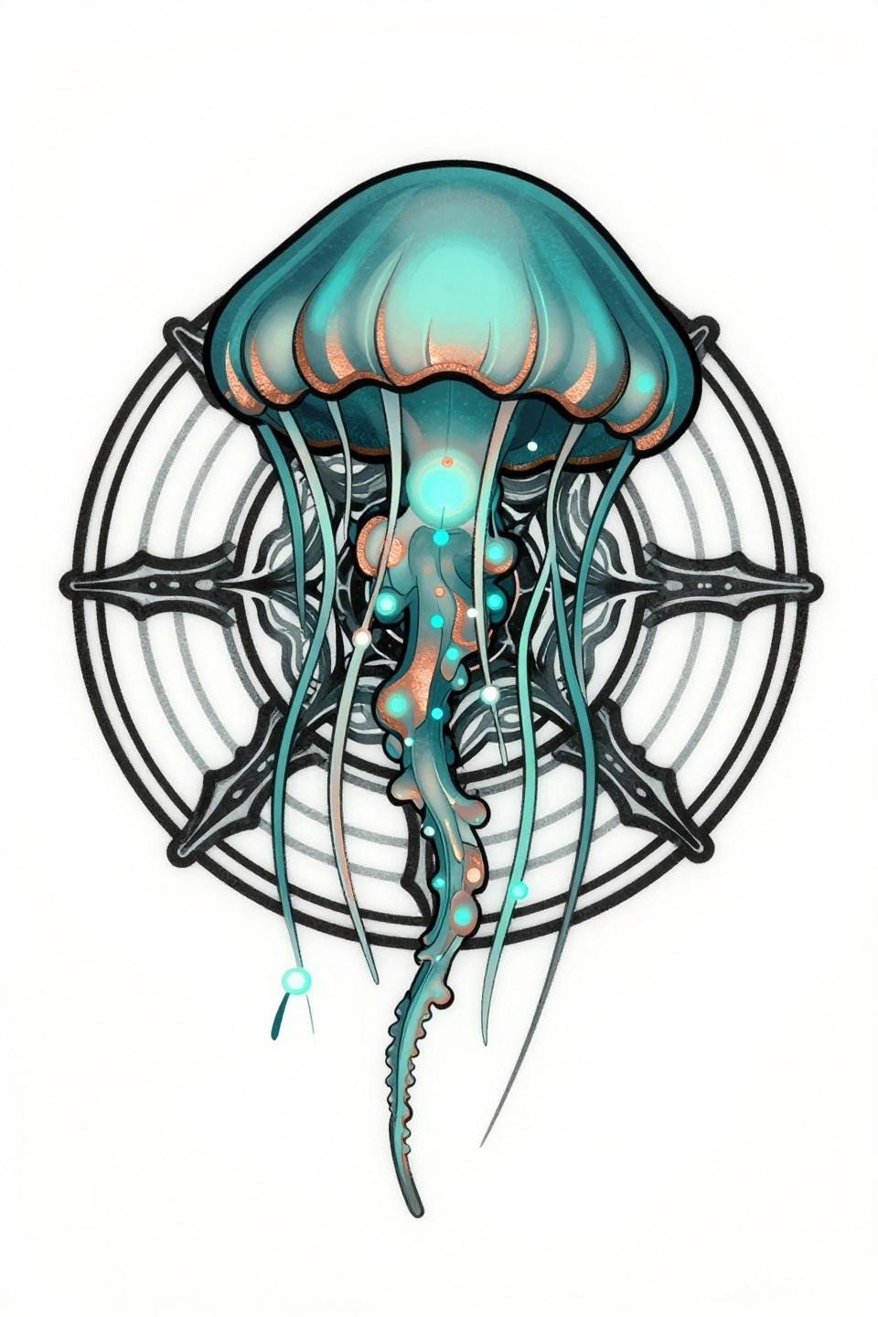 Bioluminescent jellyfish mystical fish tattoo art nouveau flash, bell-shaped umbrella crown, radial mandala composition, deep teal with copper metallic fills on black, bold 2-3pt outlines