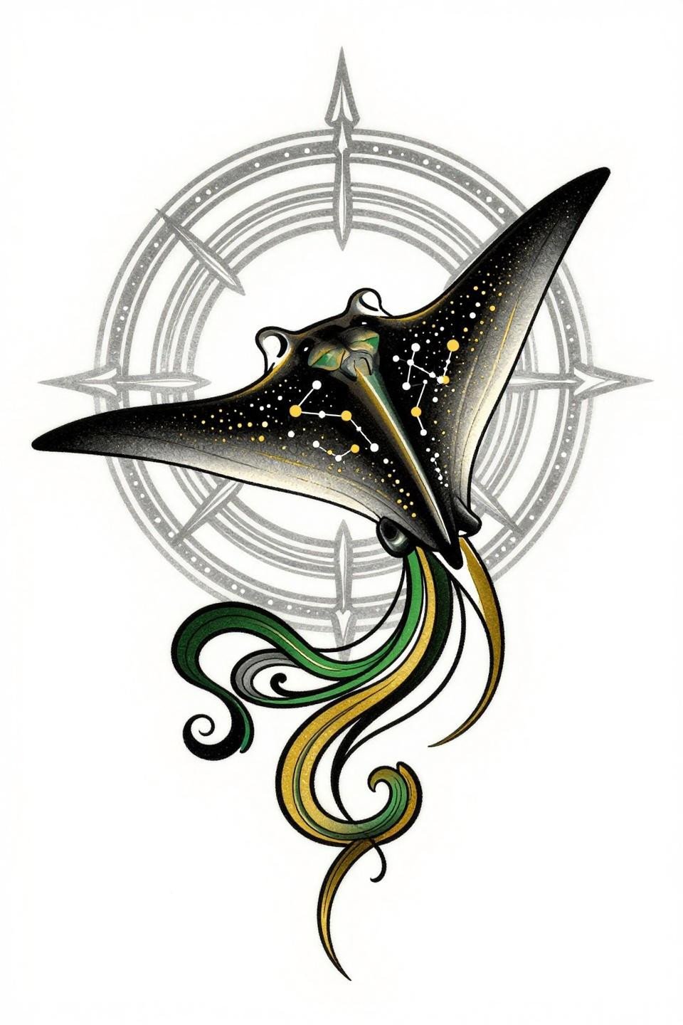 Manta ray spiritual tattoo Sak Yant style flash, ascending diagonal glide, constellation dot pattern, sacred circle geometry overlay, bold 2-3pt outlines with forest green and gold fills
