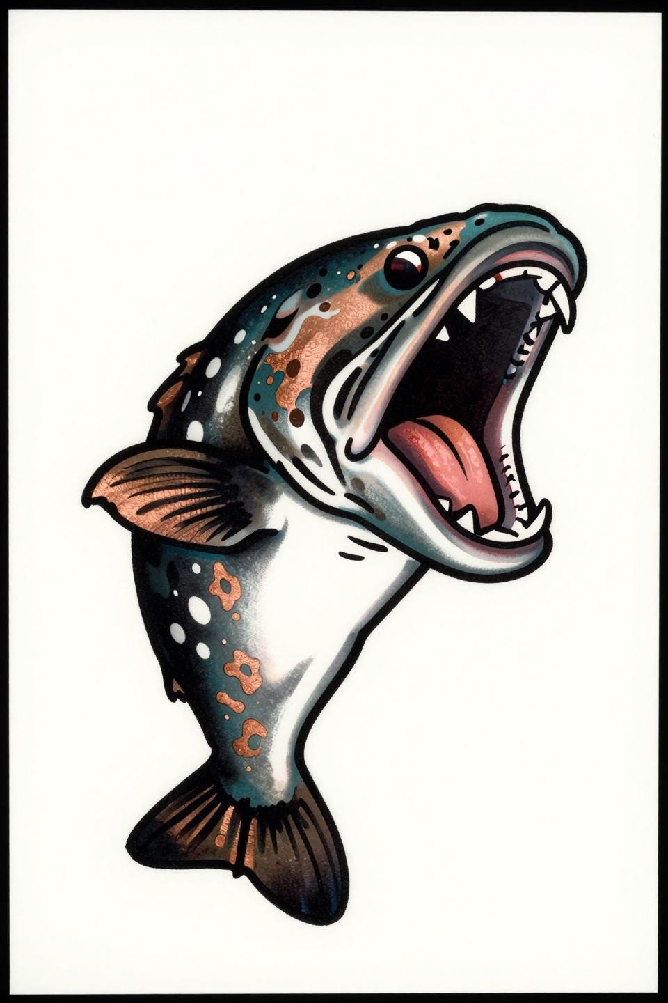 Goliath grouper neo-traditional fish tattoo flash, frontal aggressive posture, bold 2-3pt outlines, deep teal and copper metallic fills on black