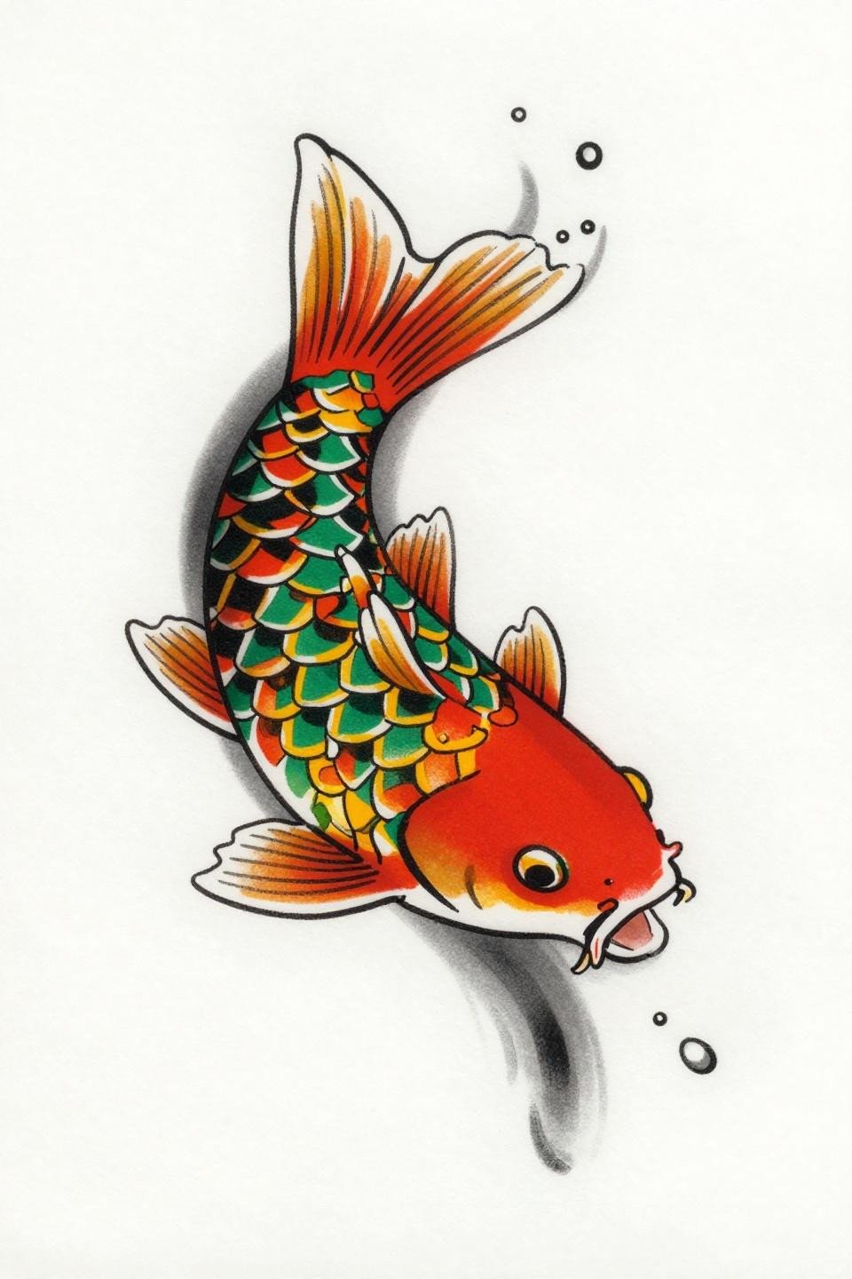 Koi fish neo-traditional elbow tattoo flash, mid-leap pose, geometric hexagon scales, tight spiral tail, bold 2-3pt outlines, cadmium red forest green and golden yellow fills