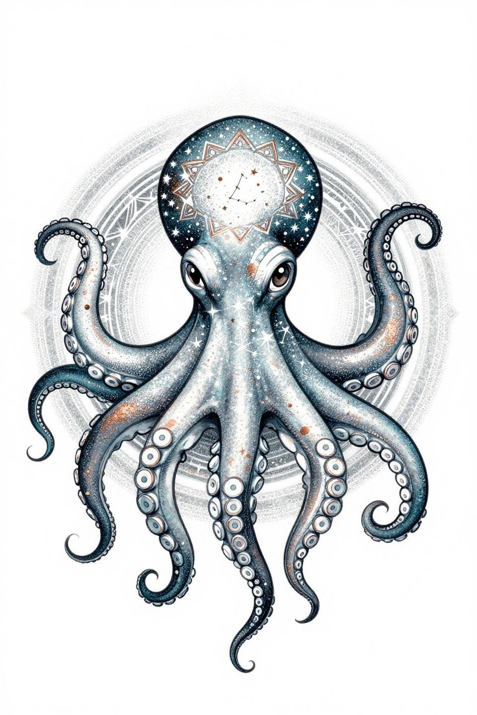 Octopus celestial fish tattoo dotwork tribal geometric flash, star constellation pattern on mantle, circular mandala composition, stipple gradient dense at core, deep teal with copper accent