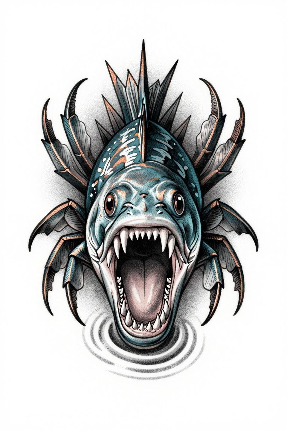Piranha fish tattoo design, stipple dot gradient dense at center open at edges, botanical scientific style, deep teal with copper metallic accent on black