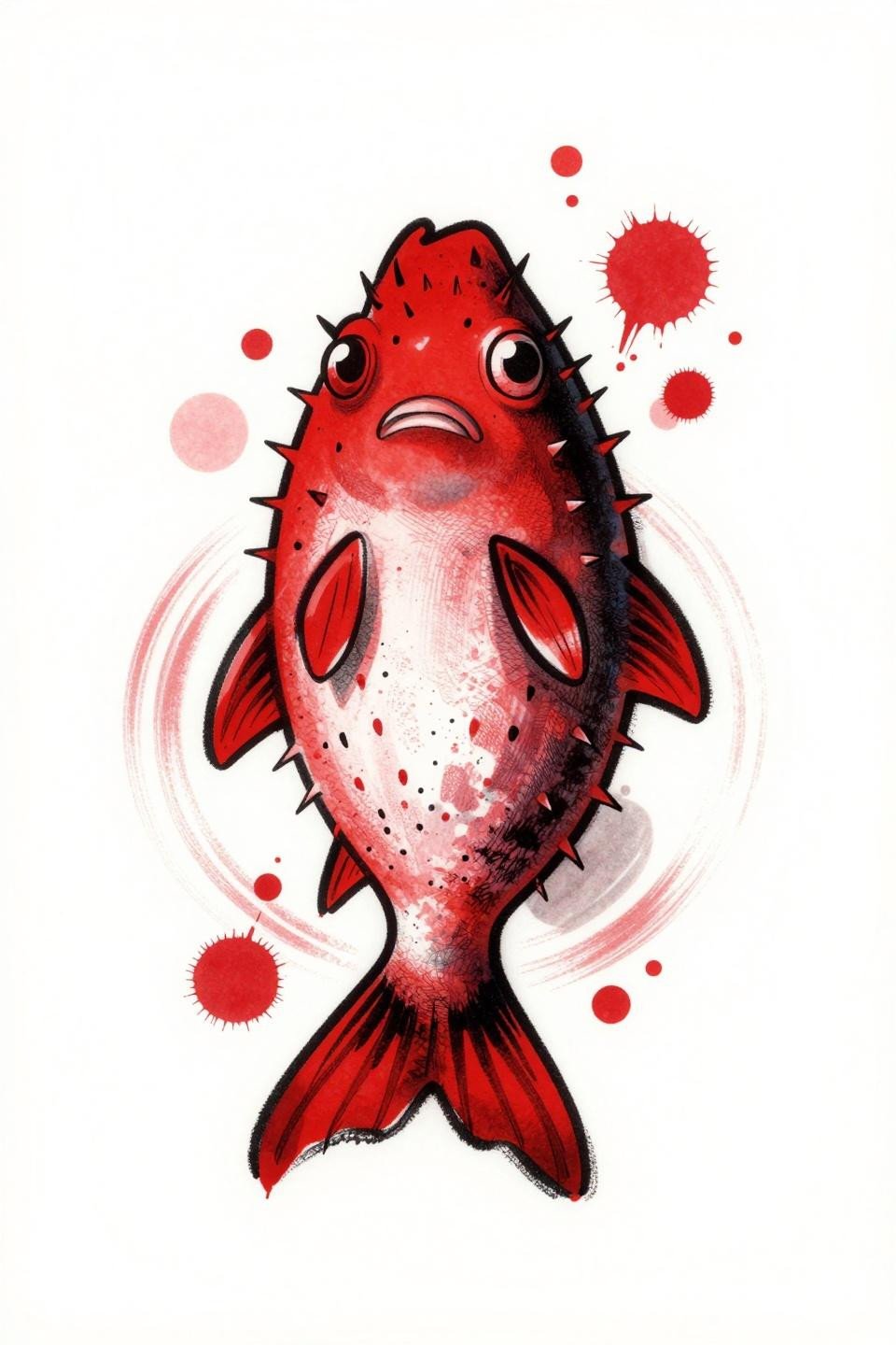 Pufferfish abstract tattoo flash, trash polka style, aggressive whip shading, crimson red and solid black ink splatter marks, bold gestural brushwork
