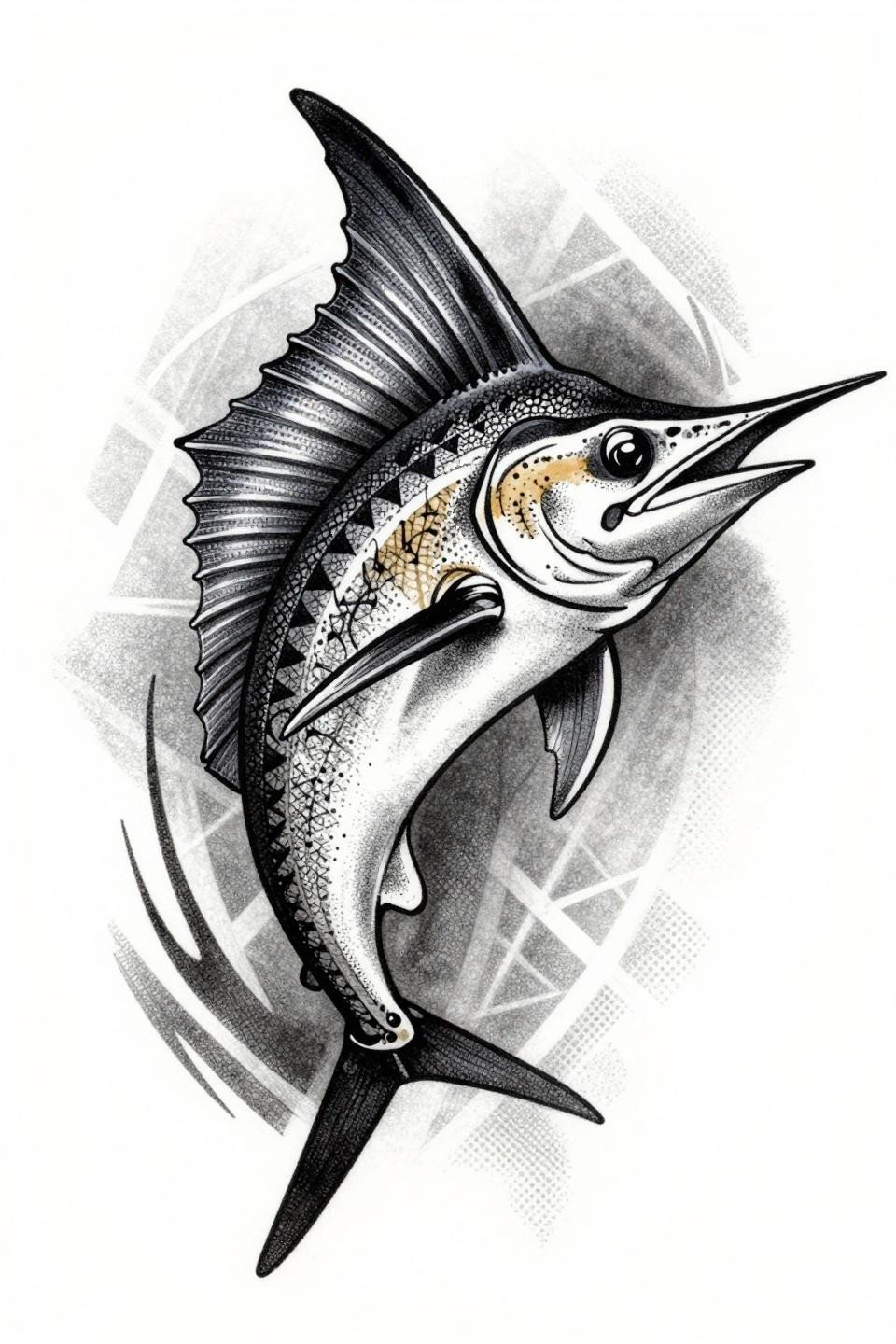 Sailfish American traditional blackwork dotwork fish tattoo flash, dorsal sail fully extended, dense crosshatch etching with parallel line shadows, abstract geometric water lines