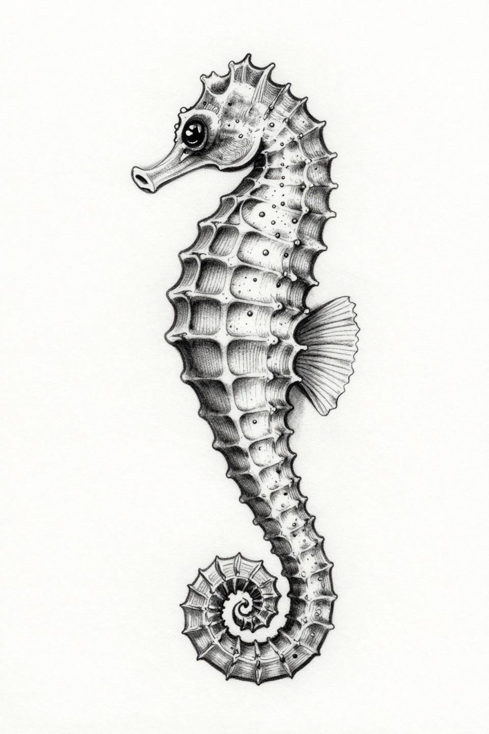 Seahorse ocean fish tattoo fine line minimal style flash, single needle 0.5mm hairline strokes, grey wash dilution midtones, upright posture with spiral tail