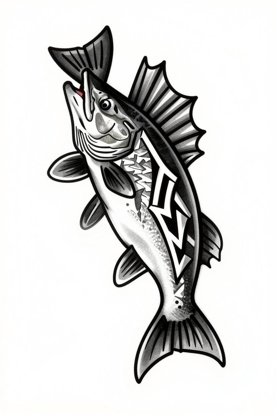 Northern pike fish tattoo design tribal geometric flash, aggressive strike pose, bold 3pt outlines, angular tribal facets, flat solid black fills zero grey wash