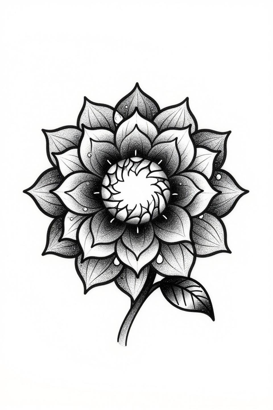 Blackwork dotwork dahlia tattoo flash, Fibonacci spiral petal arrangement, stipple dot gradient dense at center radiating outward, no grey wash, pure black dot clusters