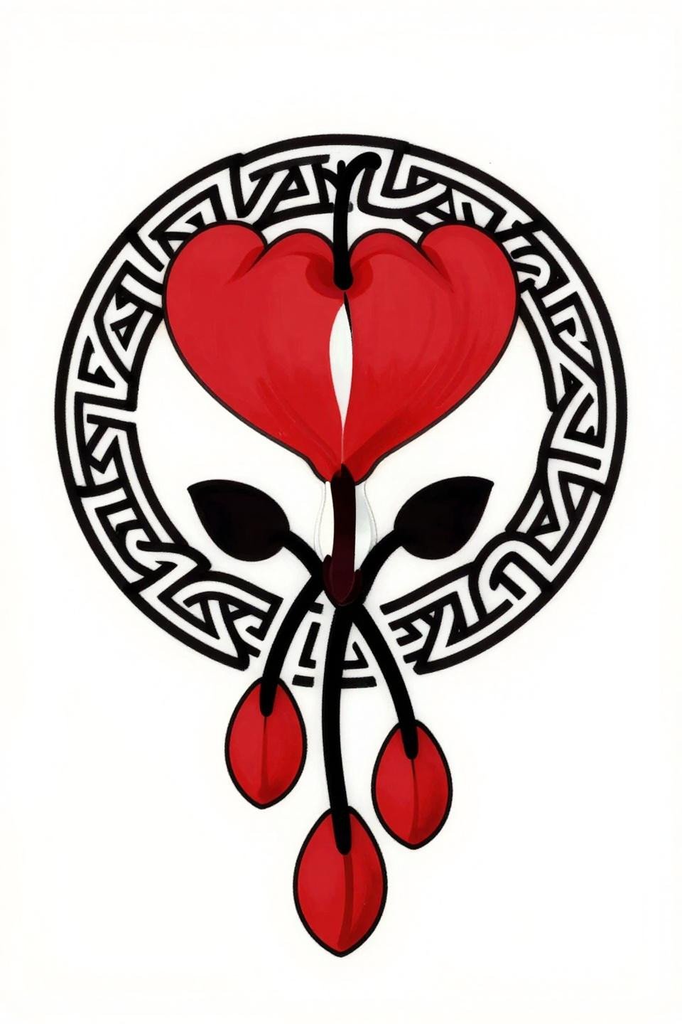 Celtic knotwork bleeding heart flower tattoo flash, circular mandala frame, bold 2-3pt black outlines, flat crimson red and black fills, bilateral symmetry