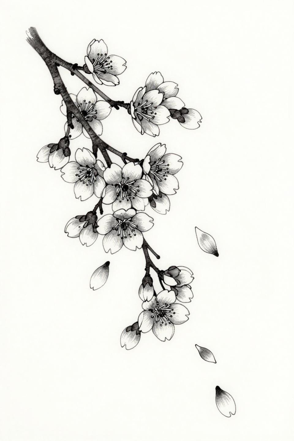 Japanese irezumi cherry blossom tattoo flash, hairline 0.5mm single-needle strokes, ink-wash grey dilution petal shadows, asymmetric organic branch flow, scattered falling petals