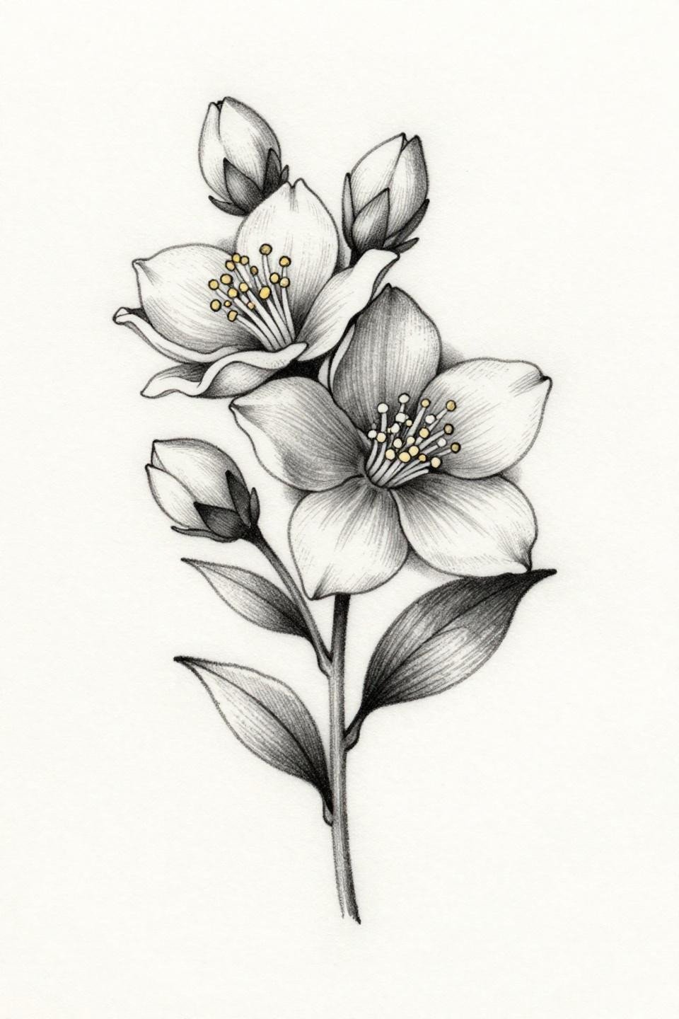 Fine line minimal jasmine tattoo flash, hairline 0.5mm single-needle strokes, asymmetric vertical cascade composition, open negative space, weight variation at petal edges