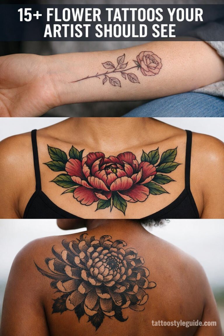 Flower tattoo designs collage, fine line rose forearm, neo-traditional peony chest, blackwork chrysanthemum back, fair to deep skin tones