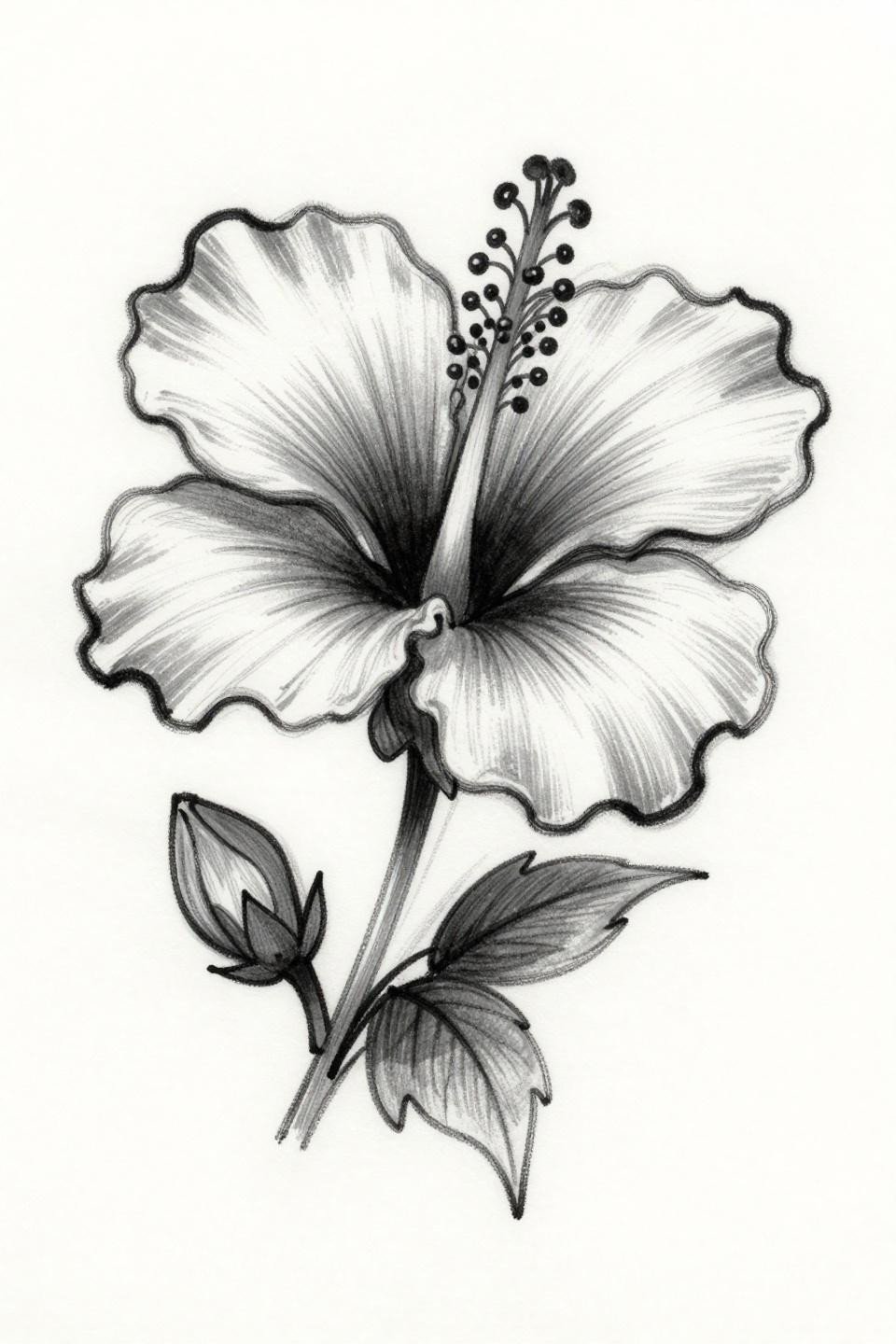 Sketch raw hibiscus floral tattoo flash, gestural whip shading arcs, grey wash dilution dense to open, asymmetric diagonal composition on white paper