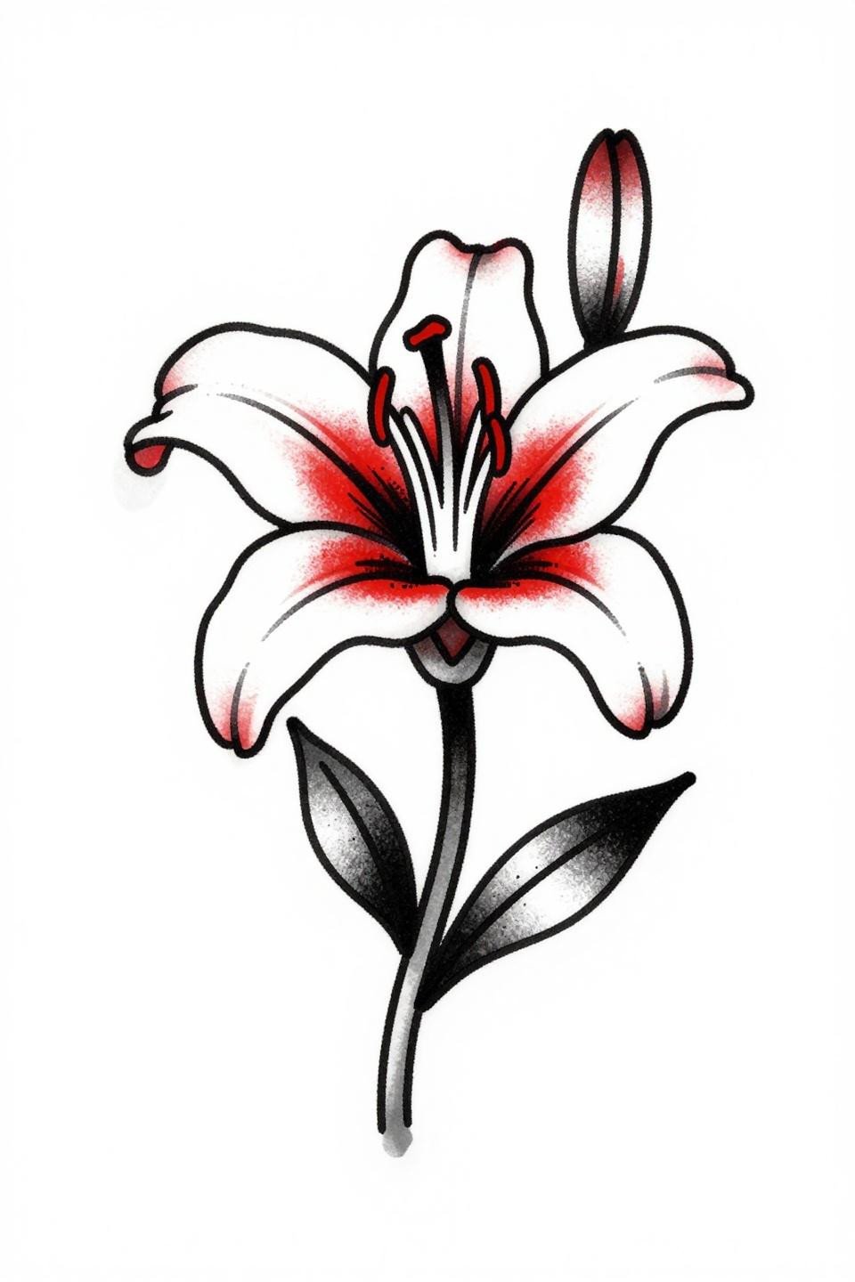 Traditional American lily cherry blossom tattoo flash, bold 2-3pt black outlines, flat crimson red accent on solid black ink, centered even negative space composition