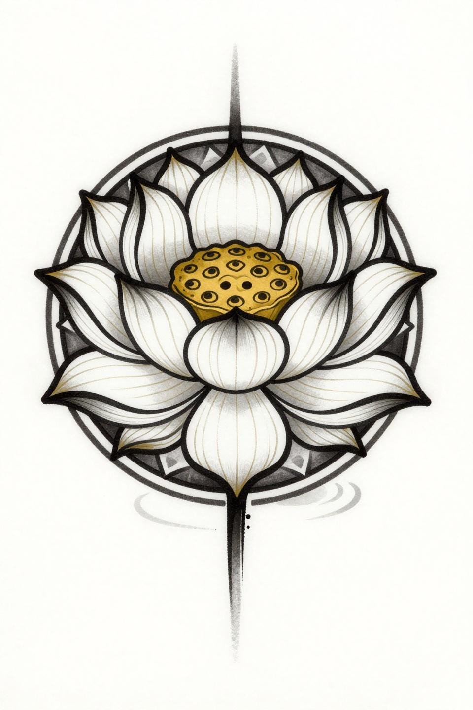 Art nouveau lotus wildflower tattoo flash, circular mandala bilateral symmetry, bold 2-3pt black outlines, flat gold and solid black ink palette, frontal eight-petal composition