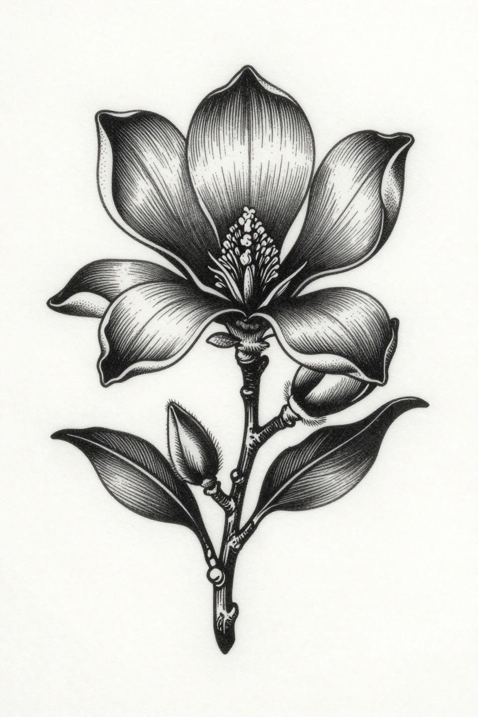 Magnolia woodcut etching style tattoo flash, dense parallel line engraving, bold black masses with white carved negative space, stacked vertical composition