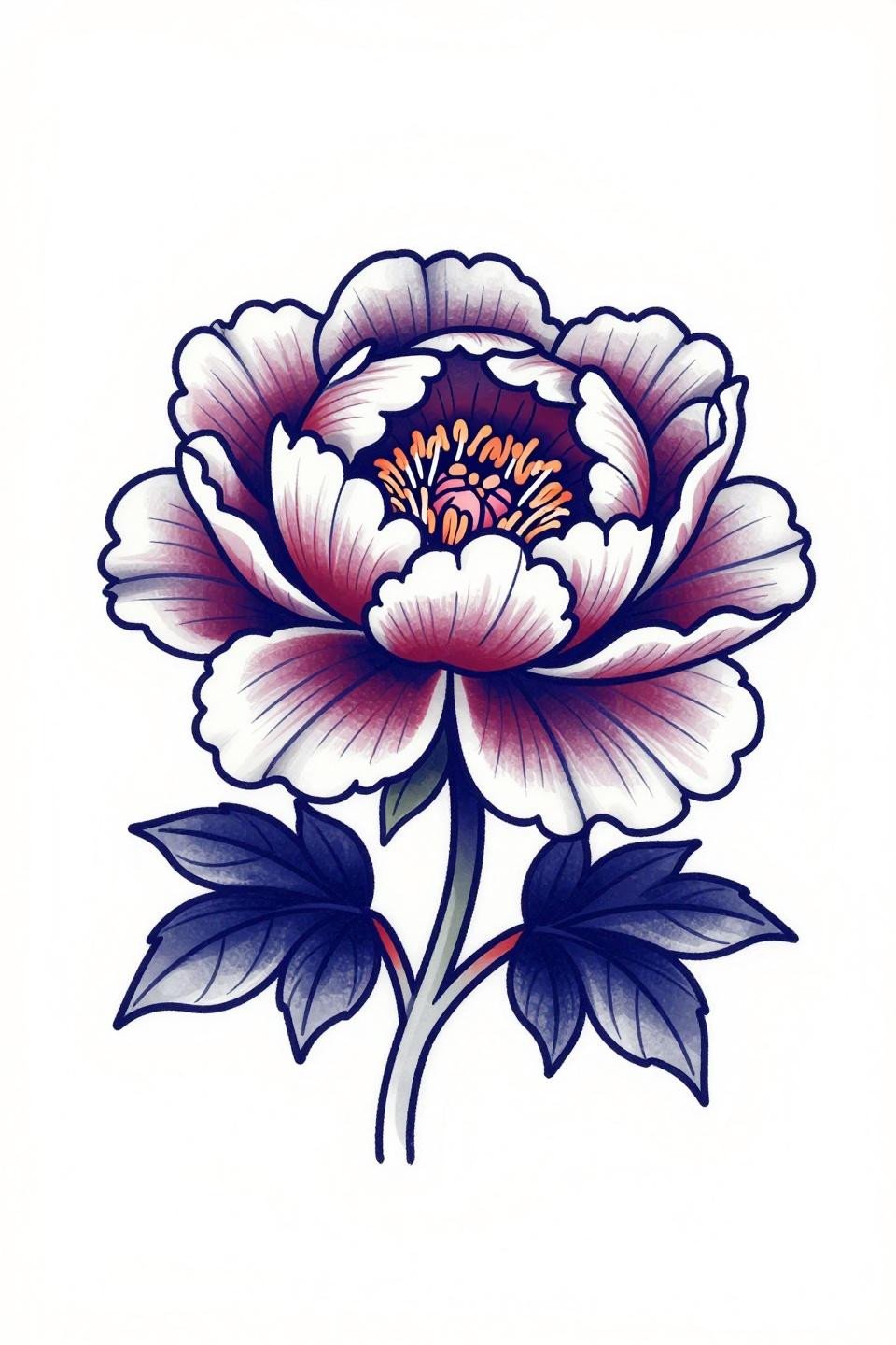 Neo-traditional peony Japanese flower tattoo flash, bold 2-3pt black outlines, deep indigo petal fills, crimson stamen accents, centered single composition on white paper