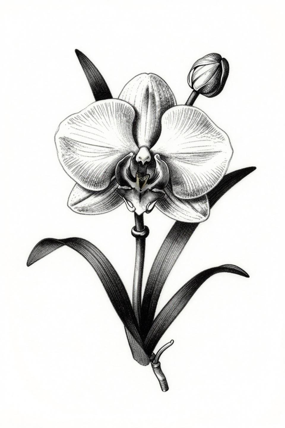 Botanical scientific orchid floral tattoo flash, crosshatch etching parallel line shadows, dense black fills at petal centers, three-quarter bloom view, aerial roots dangling below