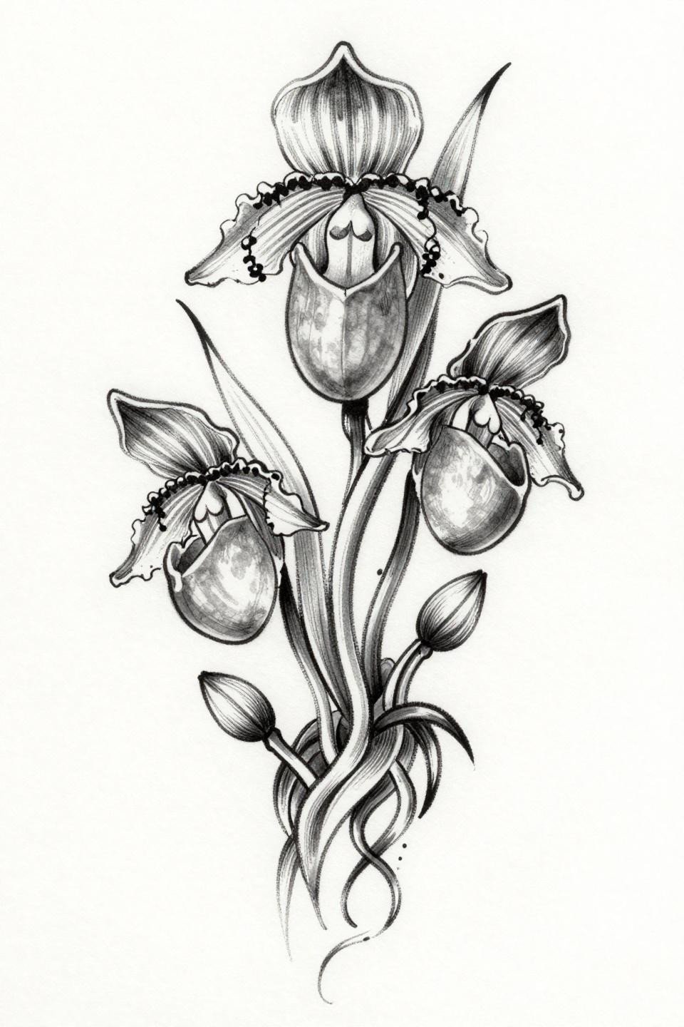 Slipper orchid single continuous line tattoo flash, unbroken calligraphic brush stroke, wet ink quality, grey wash midtones, no outline fills, asymmetric downward composition