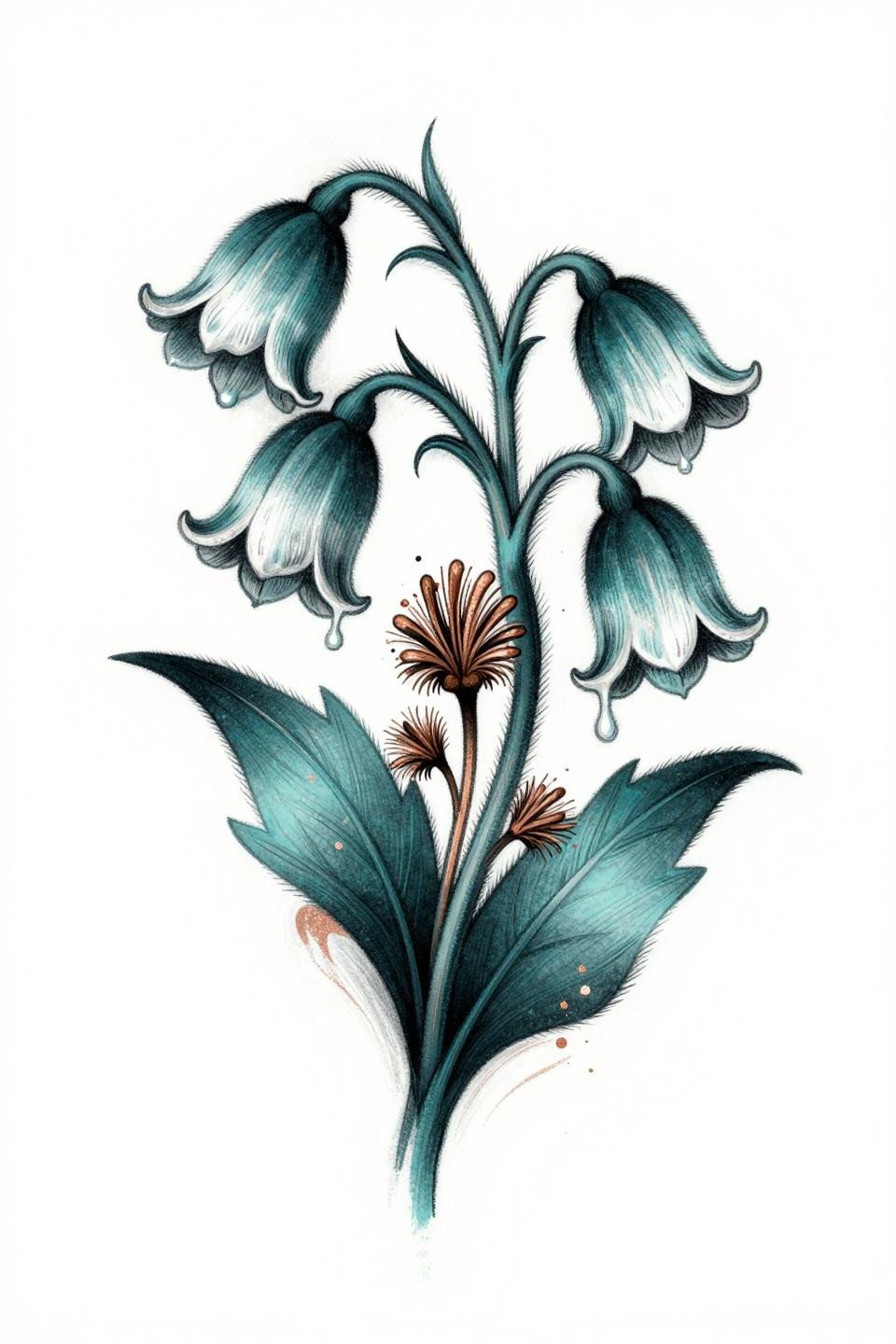 Surrealist pasque wildflower tattoo flash, melting bell-shaped petals, whip shading strokes, deep teal ink with copper metallic accent shadows swirling outward