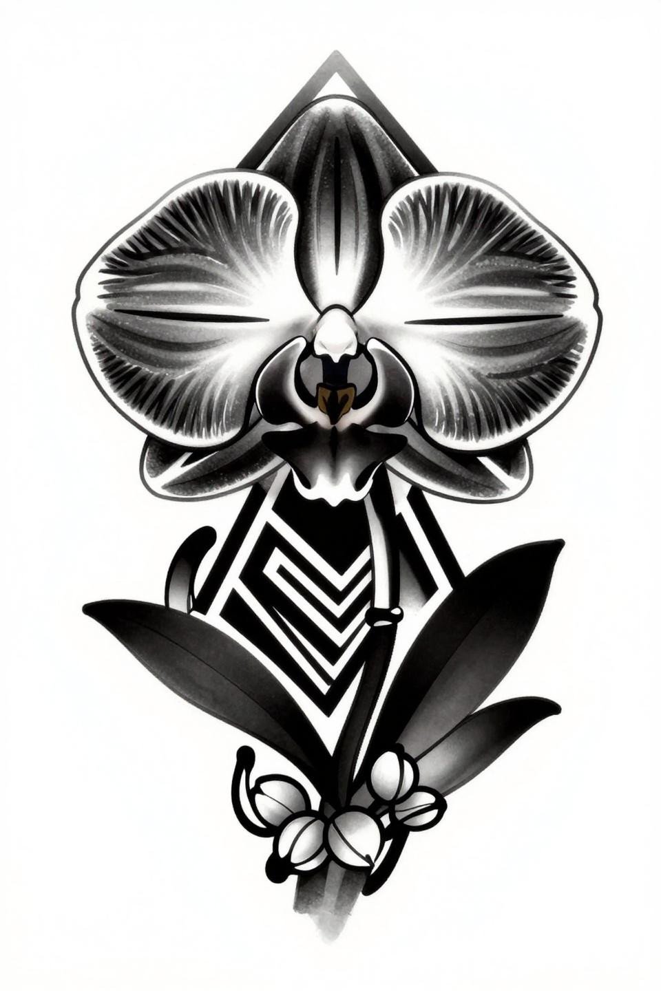 Tribal geometric Cattleya orchid tattoo flash, bold 3pt black outlines, diamond frame with angular tribal negative space, flat solid black fills, bilateral centered composition