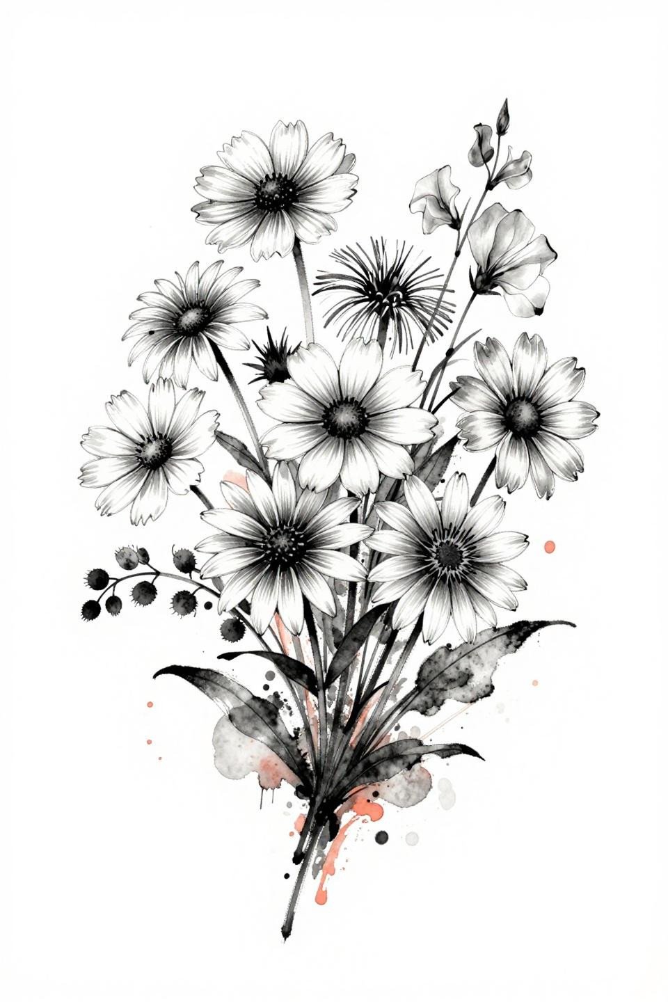 Watercolor wildflower tattoo flash, black-eyed susan cosmos coneflower daisy sweet pea cluster, wet-edge coral washes bleeding into charcoal ink stems, asymmetric organic flow