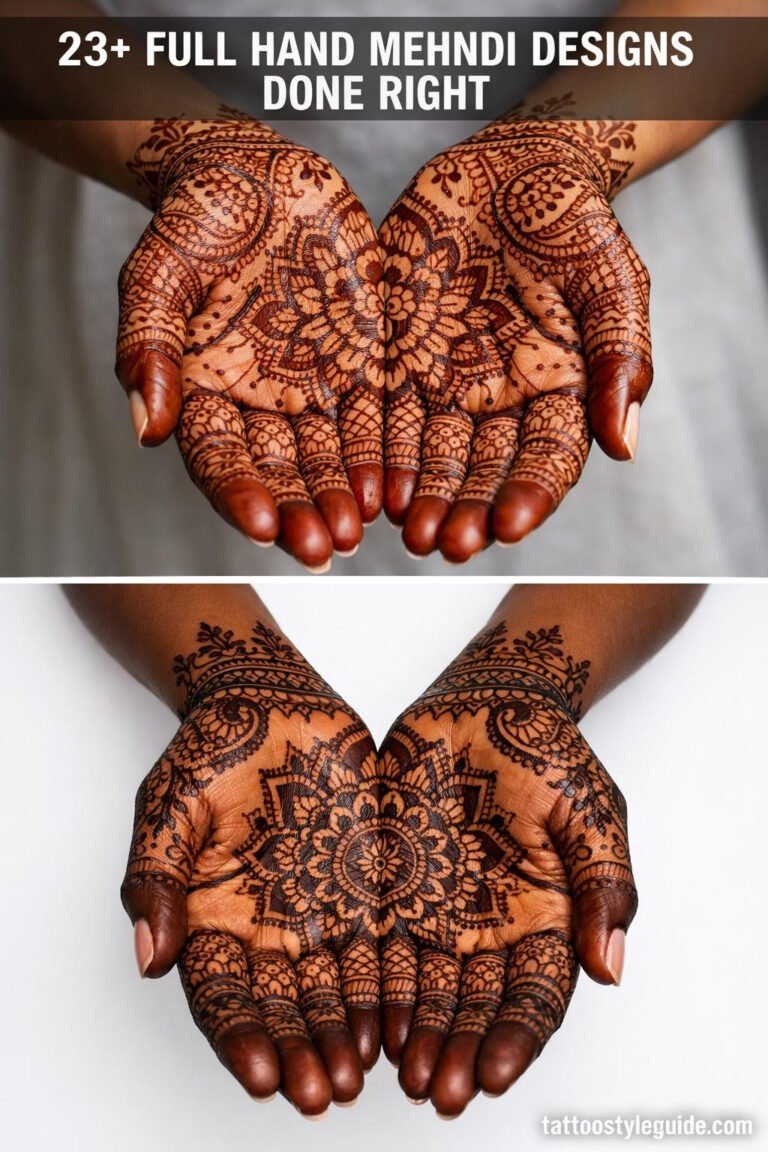 Full hand mehndi designs on two women, geometric and floral patterns, deep reddish-brown henna stain, olive to brown skin tones, studio and natural light