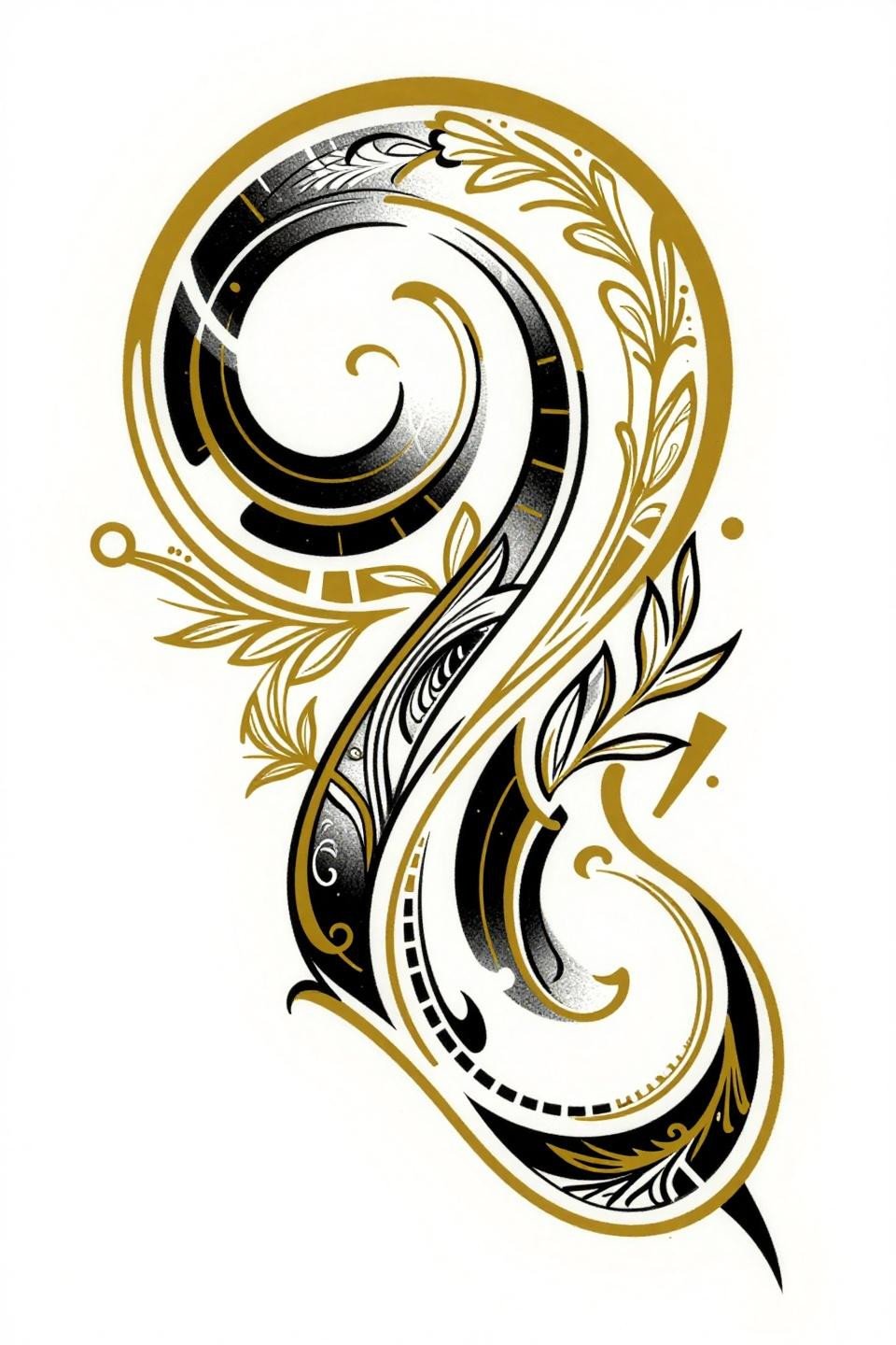 geometric art tattoo art nouveau style flash, whiplash curves golden ratio rectangles botanical tendrils angular divisions, bold 1pt outlines gold ochre black ink